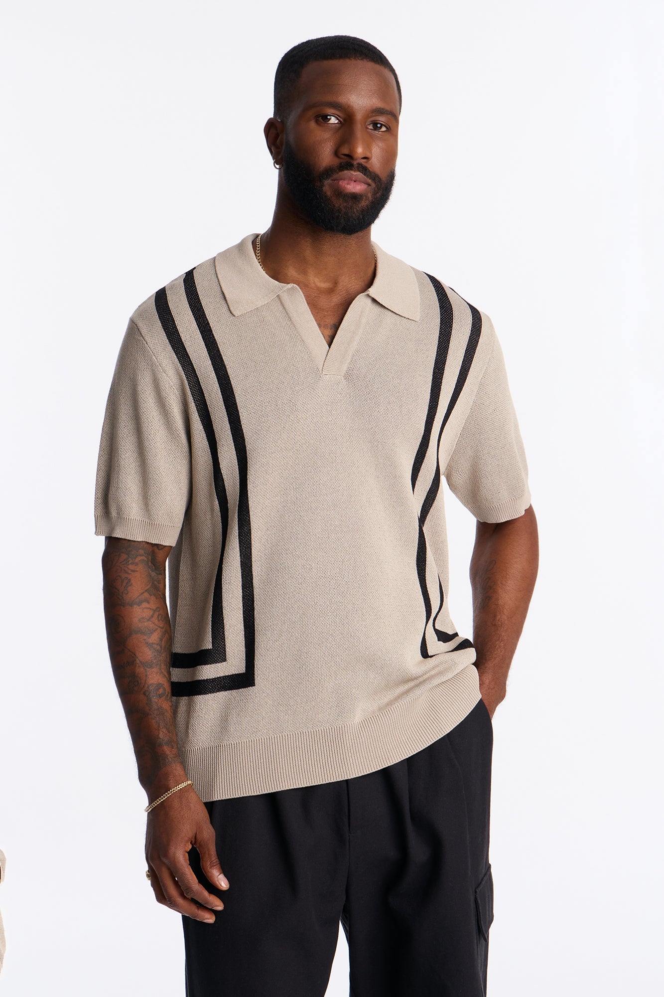 Seeing Lines Knit Johnny Collar Shirt - Tan