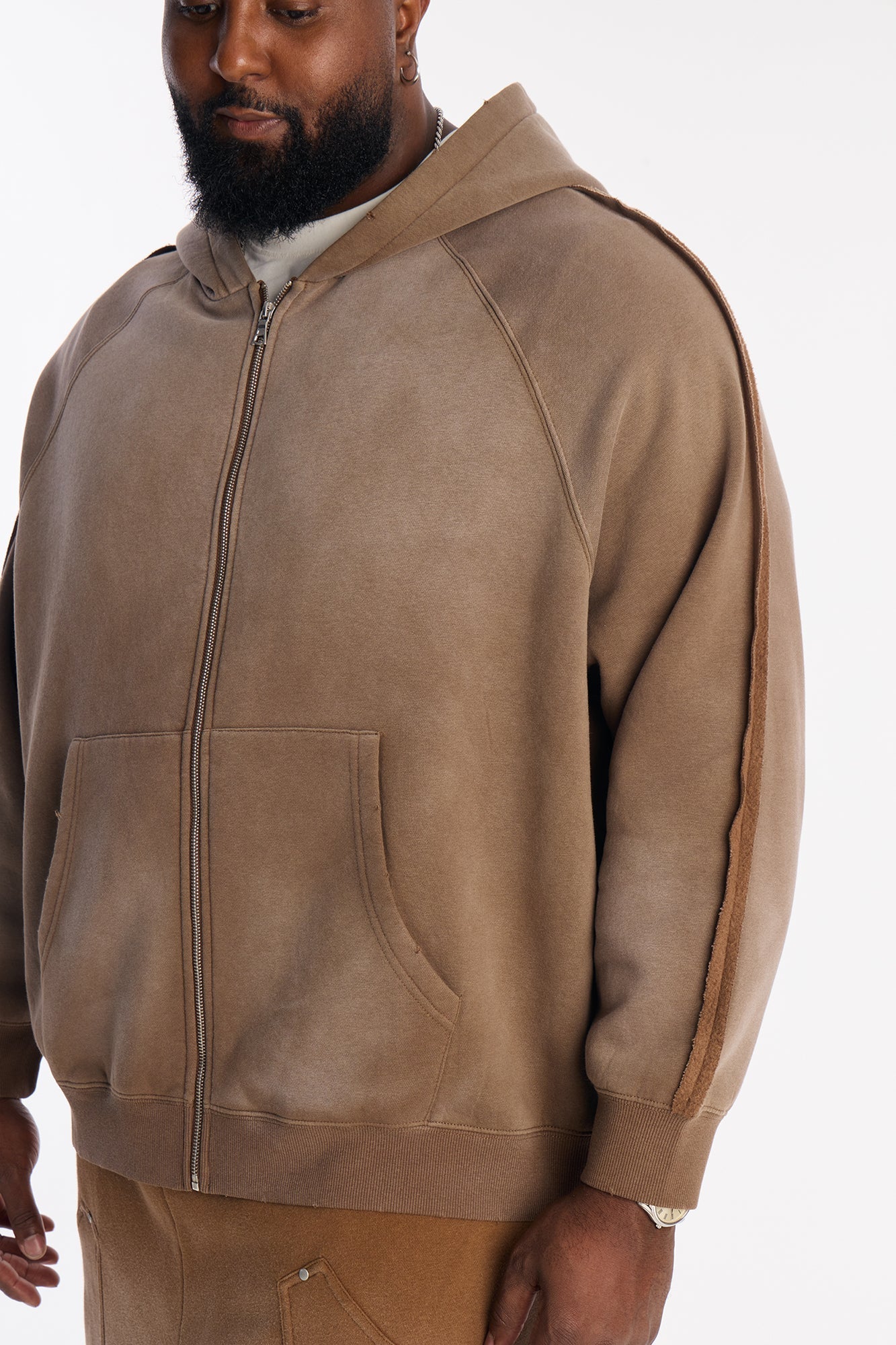 Extra Raw Faded Distressed Zip Up Hoodie - Brown