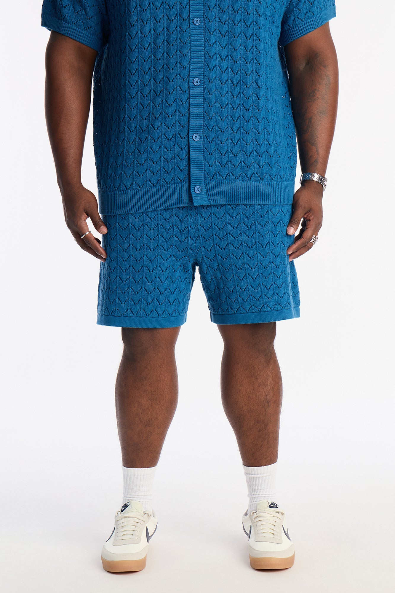Waterfall Texture Open Knit Shorts - Slate Blue