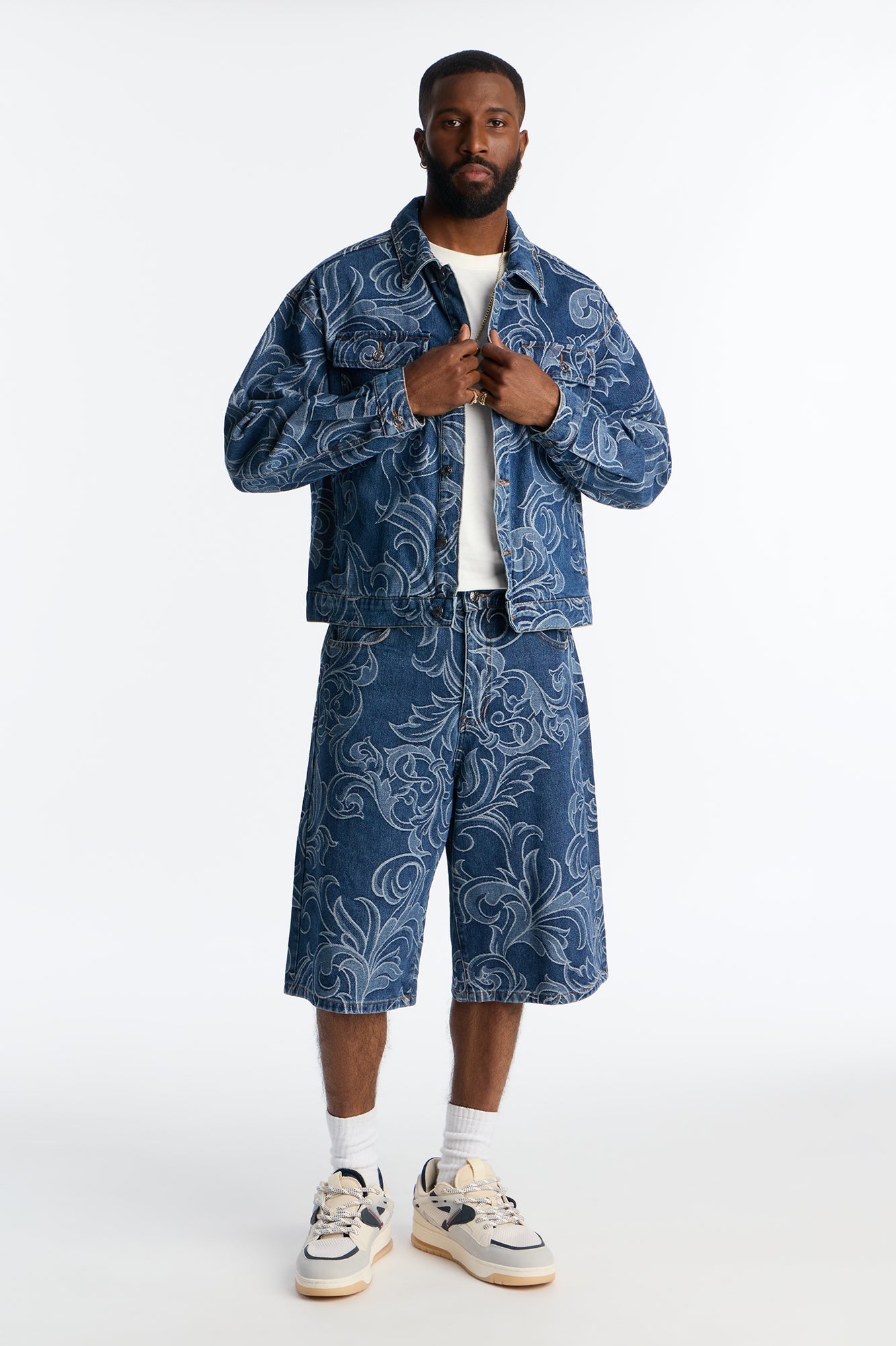 Baggy Baroque Jacquard Denim Shorts - Medium Blue Wash