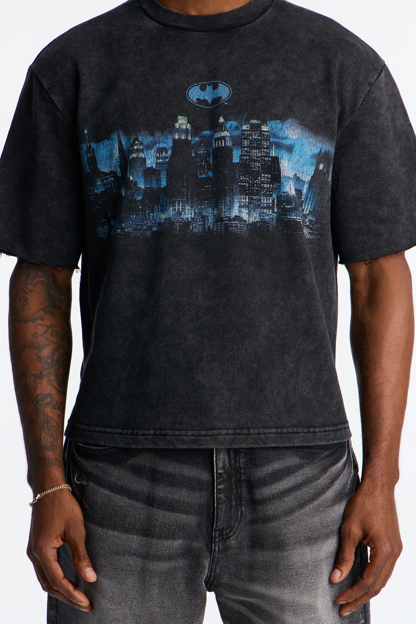 Oversized Batman Over Gotham Short Sleeve Fleece Tee - Black Wash
