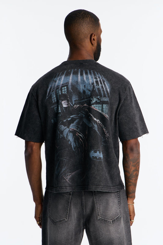 Oversized Batman Over Gotham Short Sleeve Fleece Tee - Black Wash