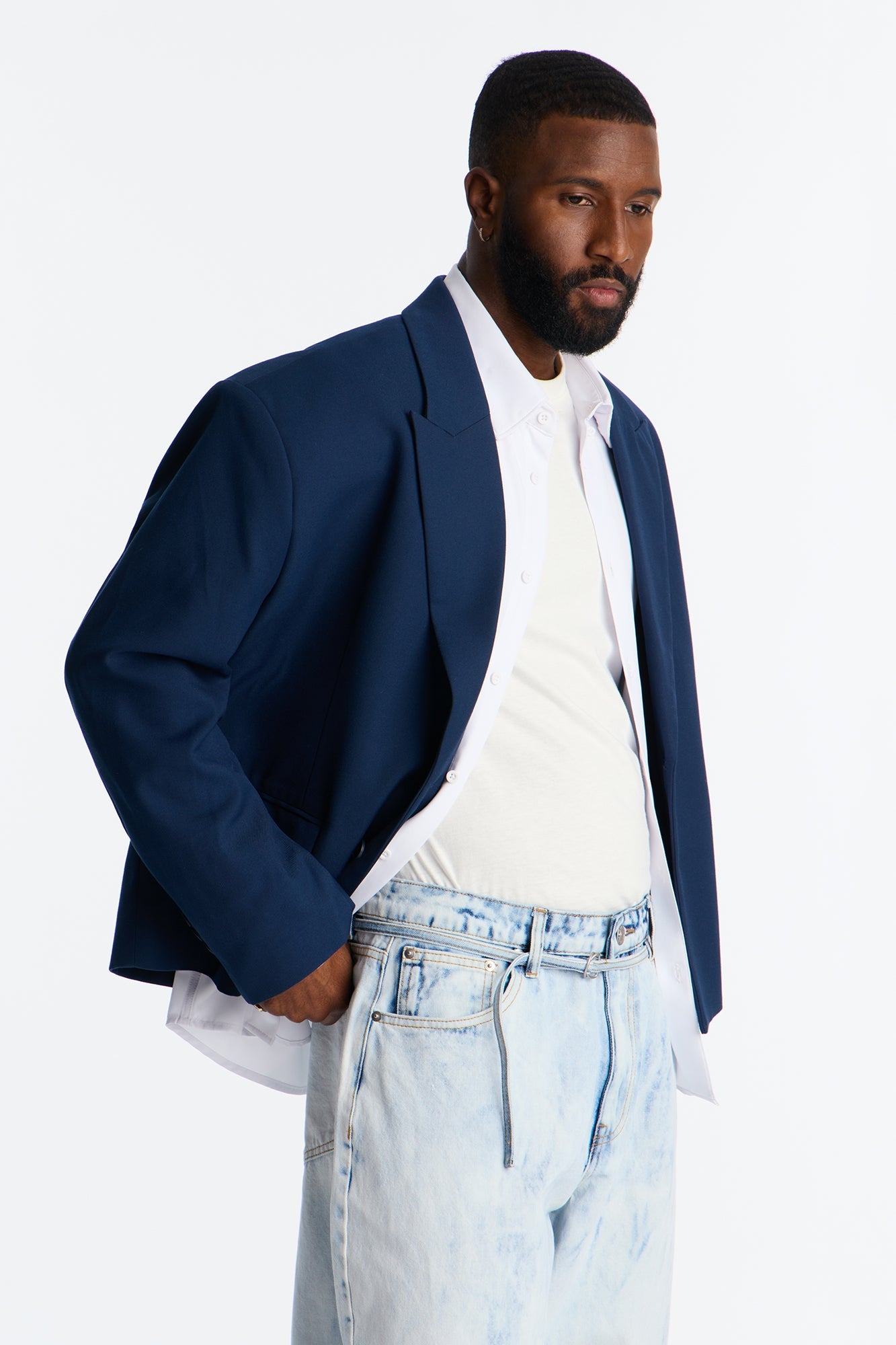 Cropped Peak Lapel Single Breasted Blazer - Navy
