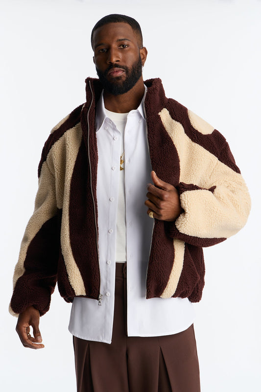 Oversized Sherpa Wave Paneled Zip Jacket - Brown