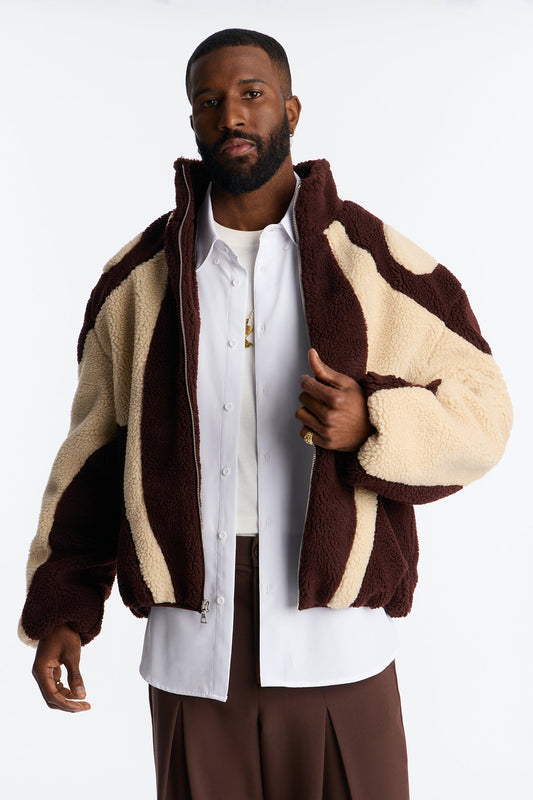 Oversized Sherpa Wave Paneled Zip Jacket - Brown