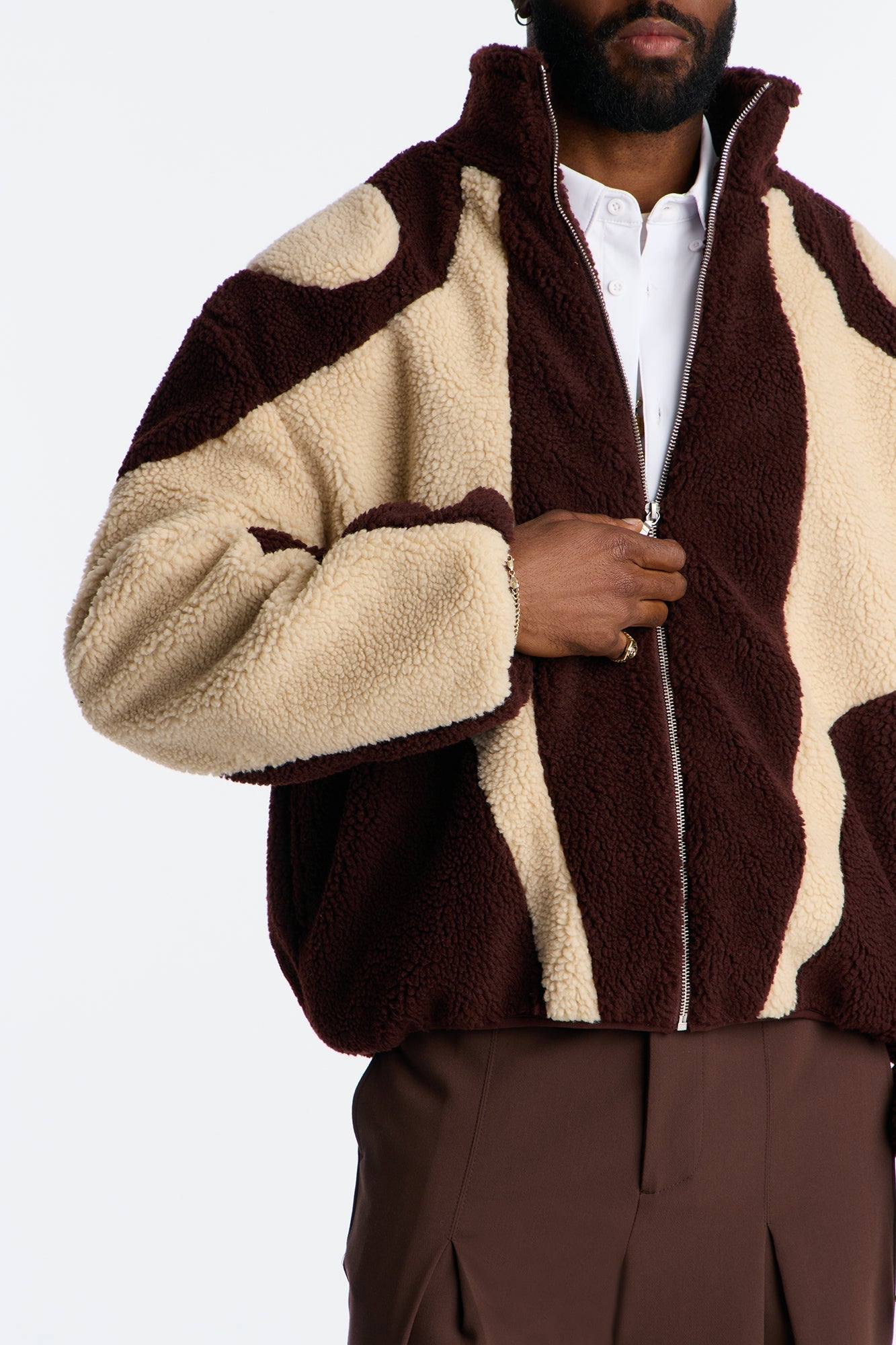 Oversized Sherpa Wave Paneled Zip Jacket - Brown