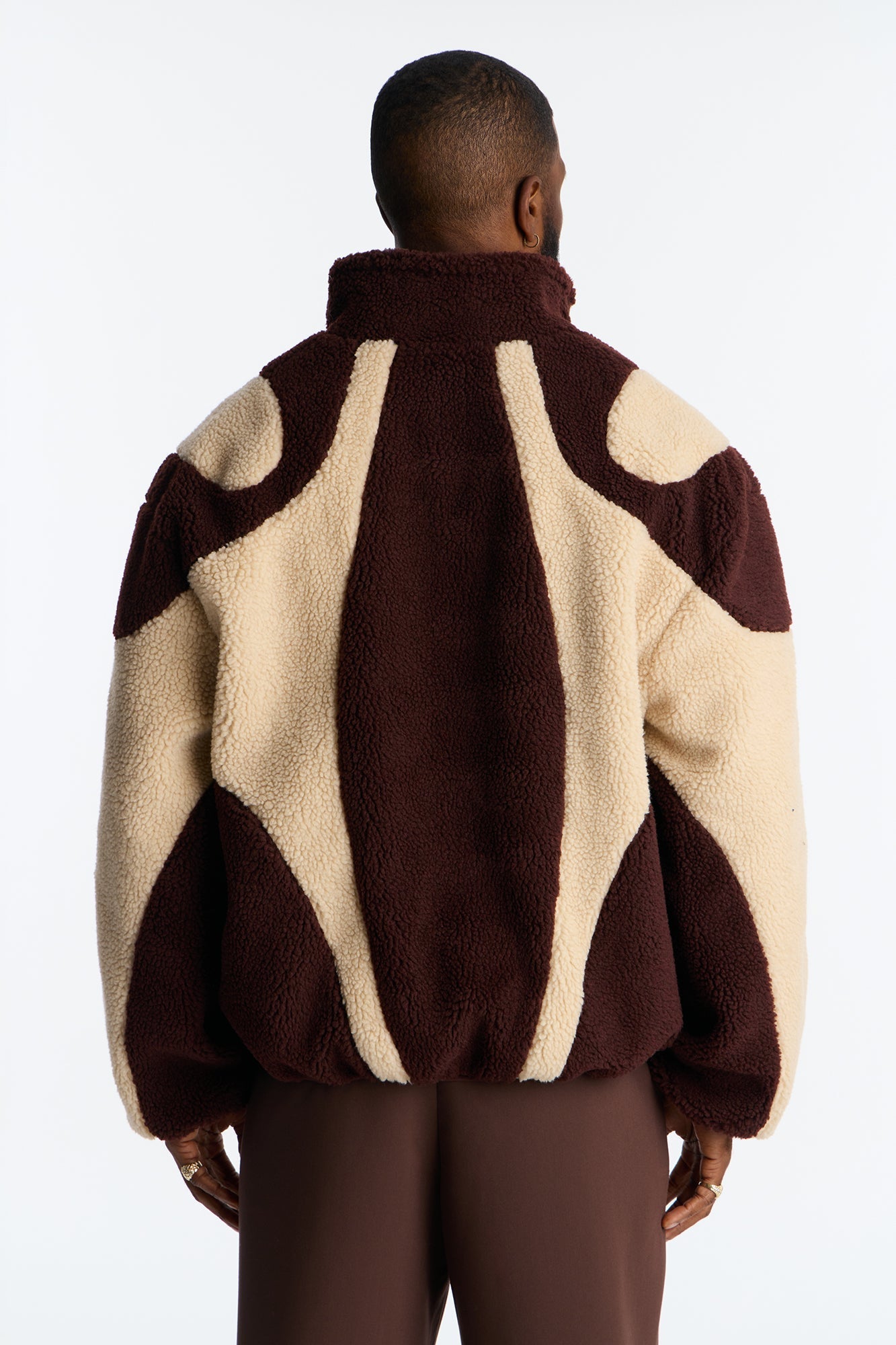 Oversized Sherpa Wave Paneled Zip Jacket - Brown