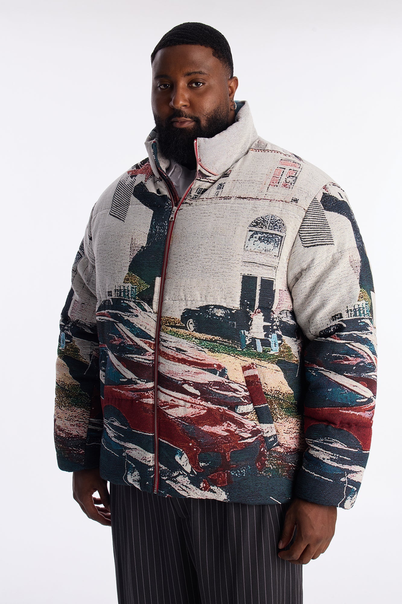 Racing Mind Tapestry Puffer Jacket - Cream
