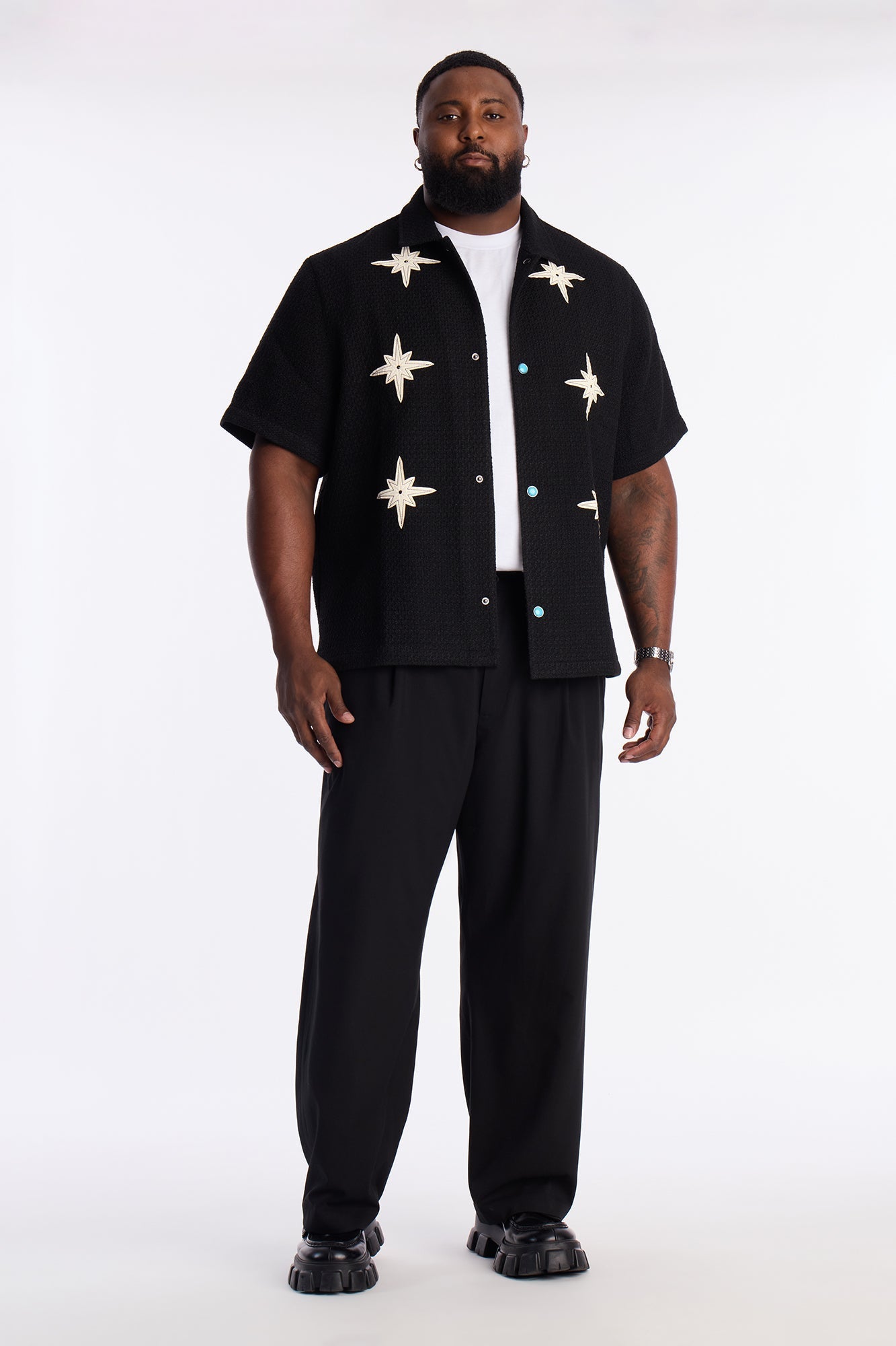 Tweed Bright Etoile Button Up Shirt - Black