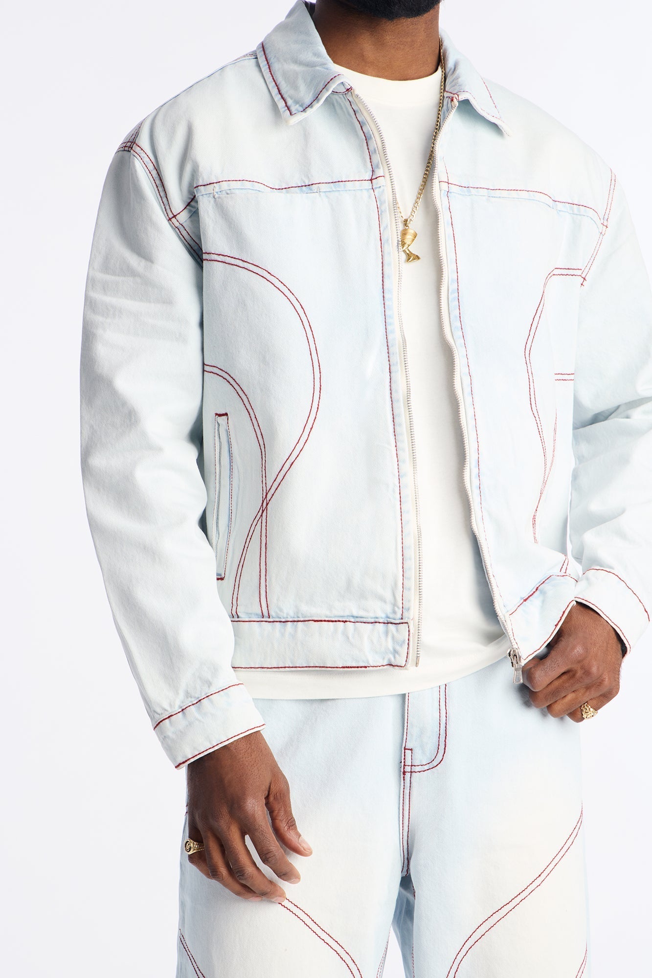 Cropped Thick Thread Denim Work Jacket - Light Wash