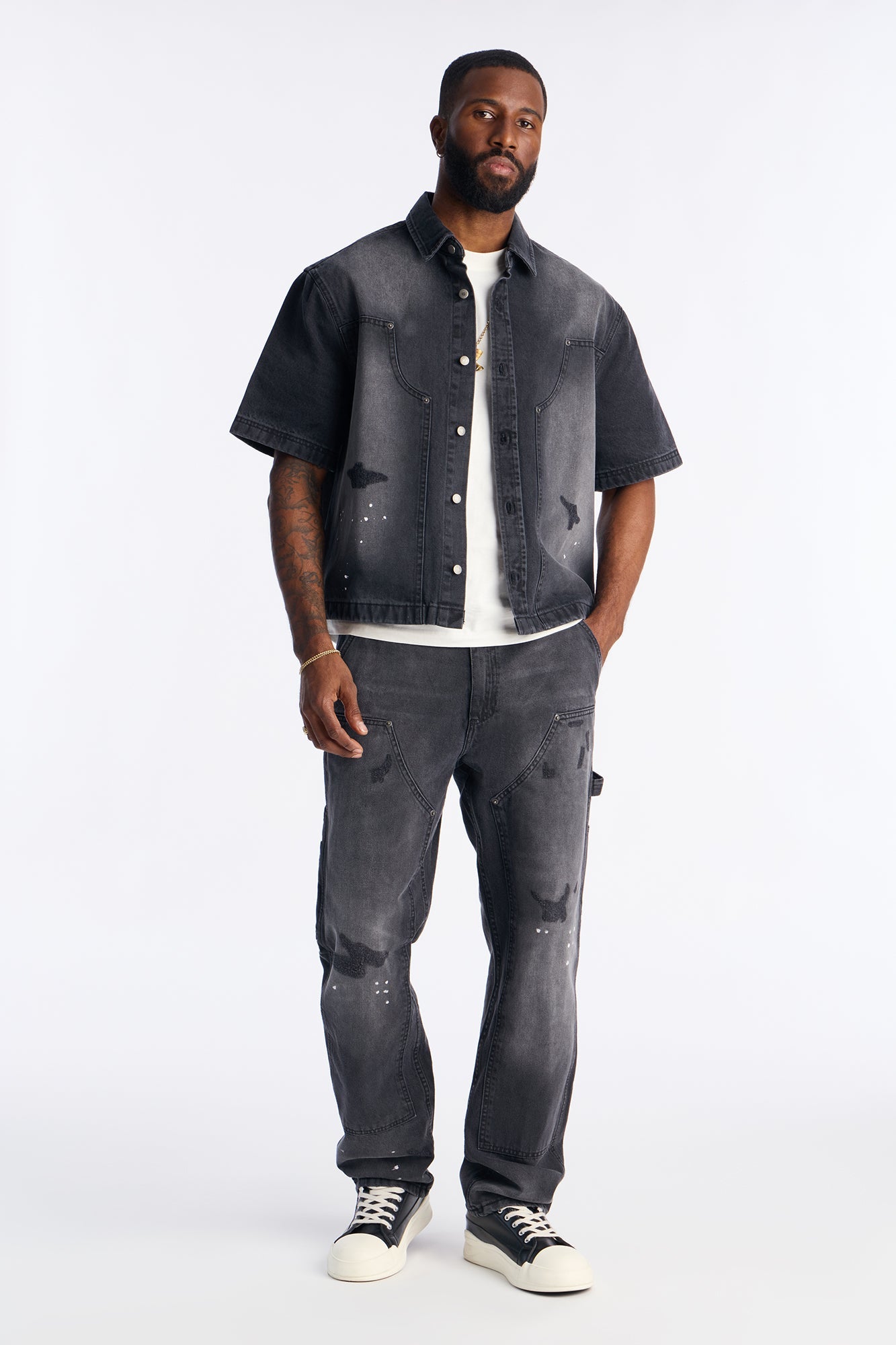 Straight Splatter Paint Distressed Carpenter Work Pant - Black Wash