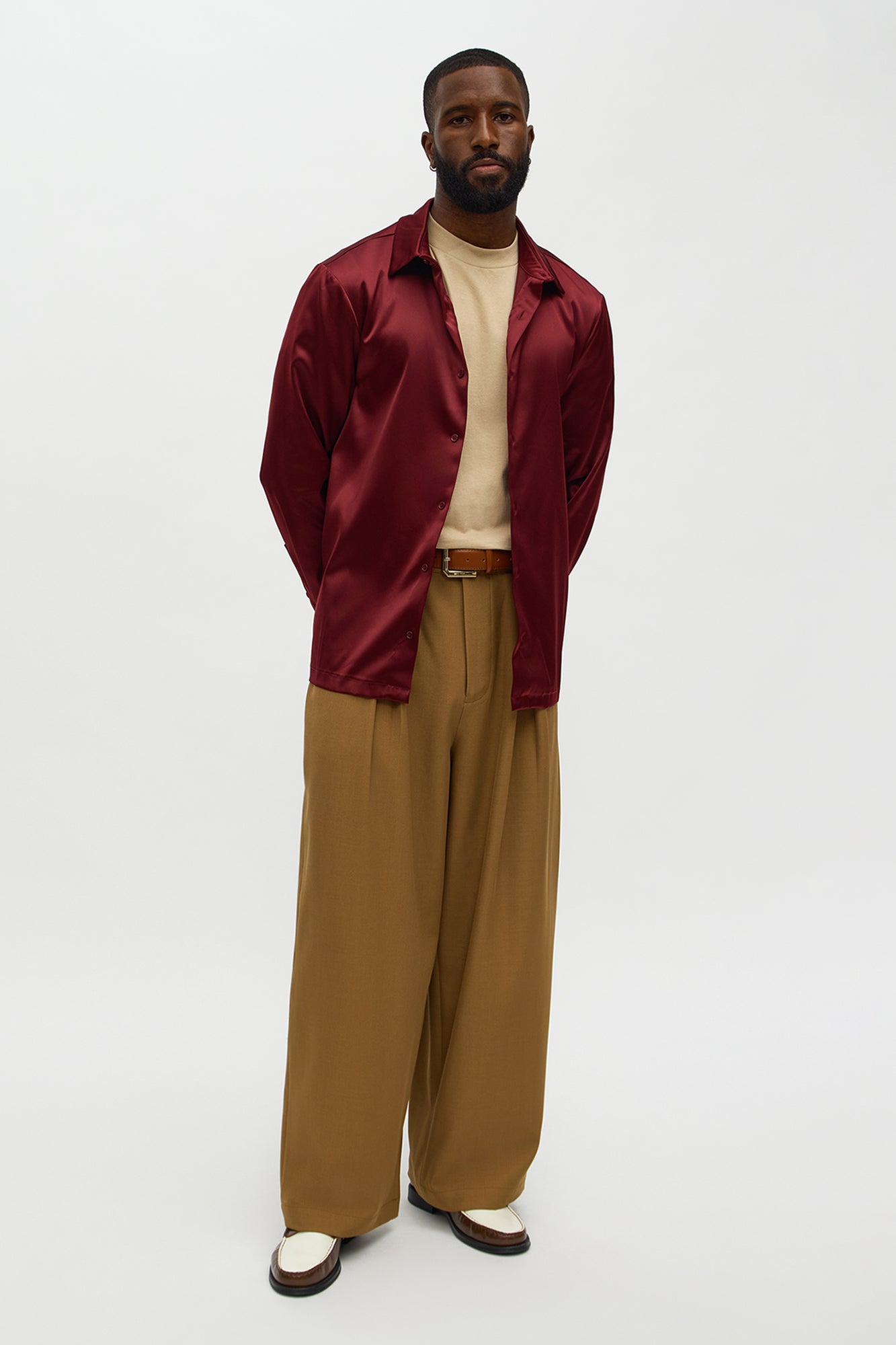 Links Satin Long Sleeve Button Up Shirt - Burgundy
