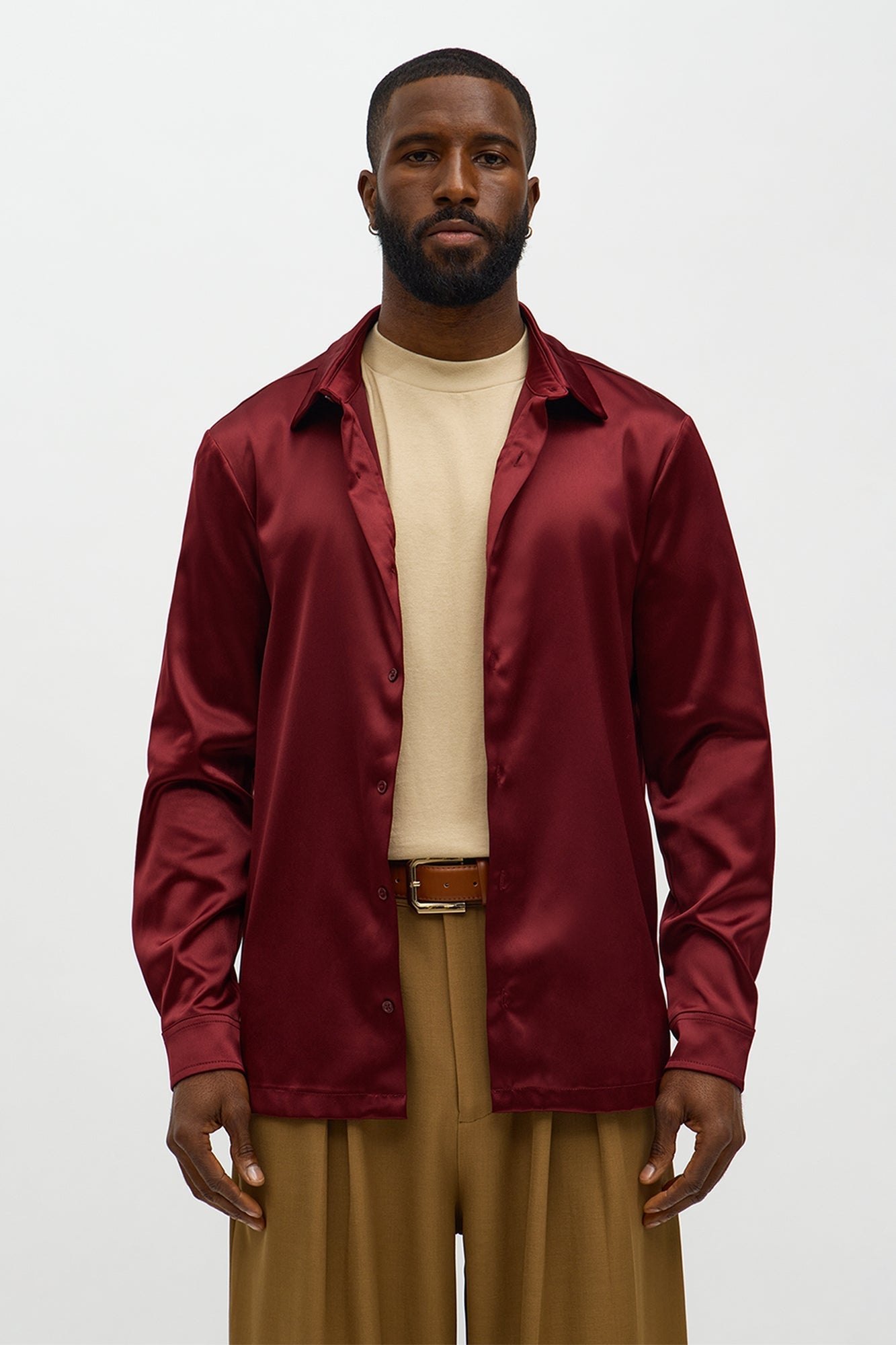 Links Satin Long Sleeve Button Up Shirt - Burgundy