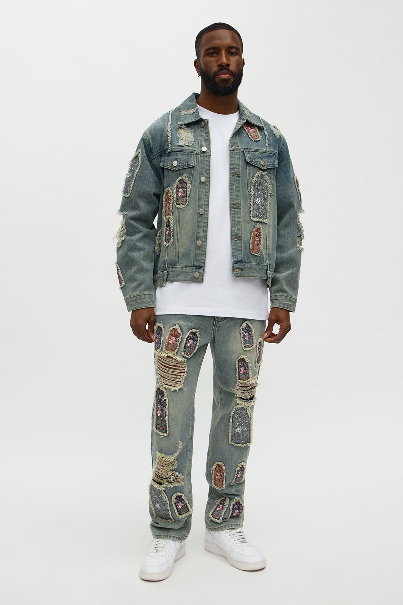 Relaxed Straight Holy Windows Patched Distressed Jean - Vintage Blue Wash