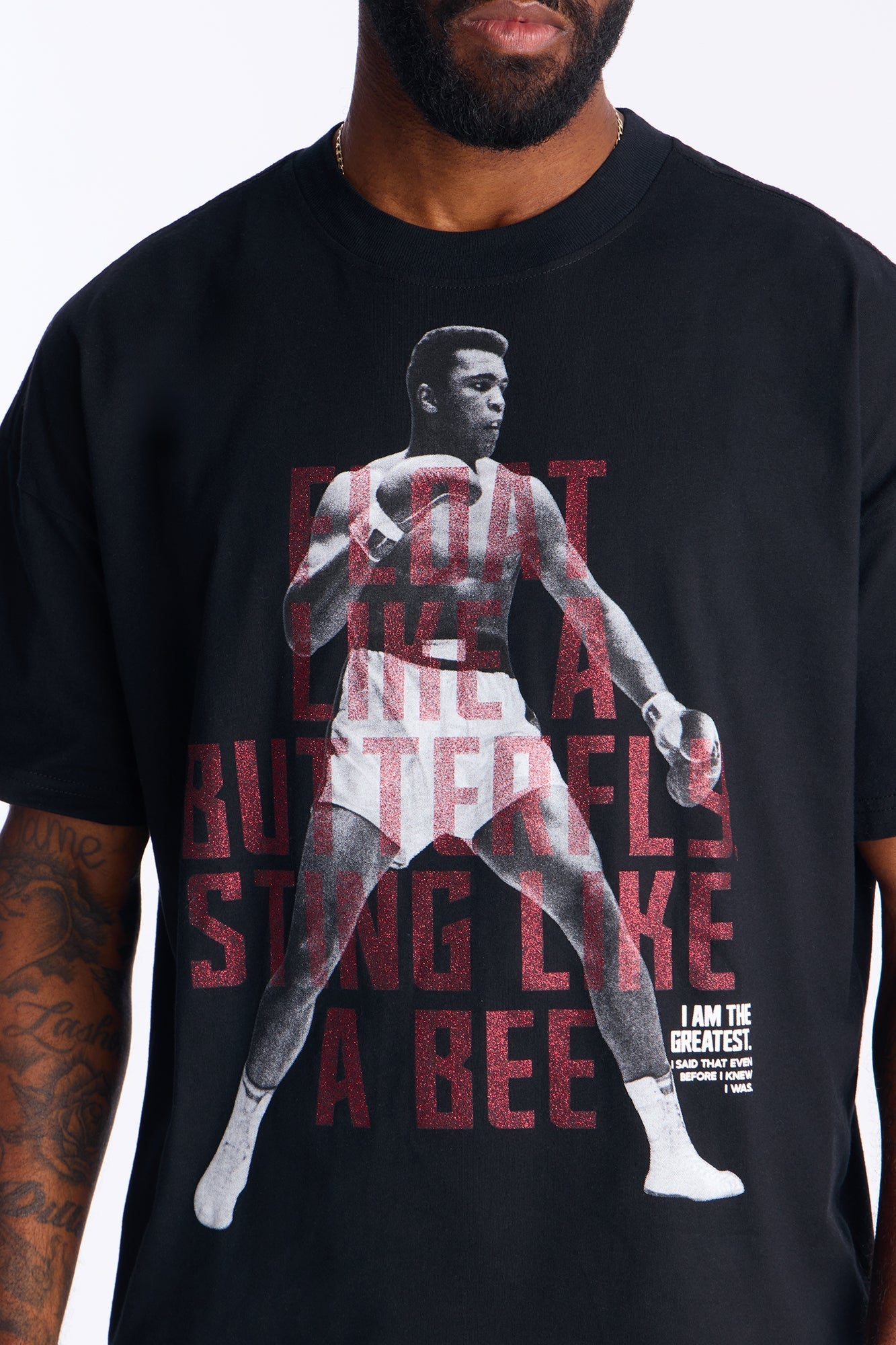 Boxy Muhammad Ali Glitter Printed Short Sleeve Tee - Black
