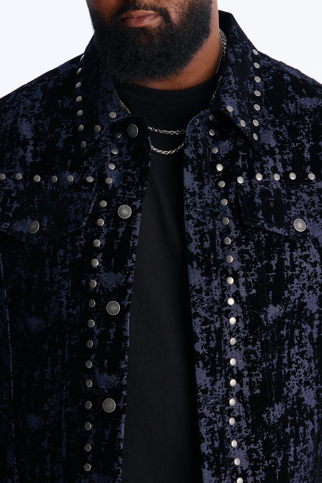 Social Stud Flocked Denim Trucker Jacket - Indigo