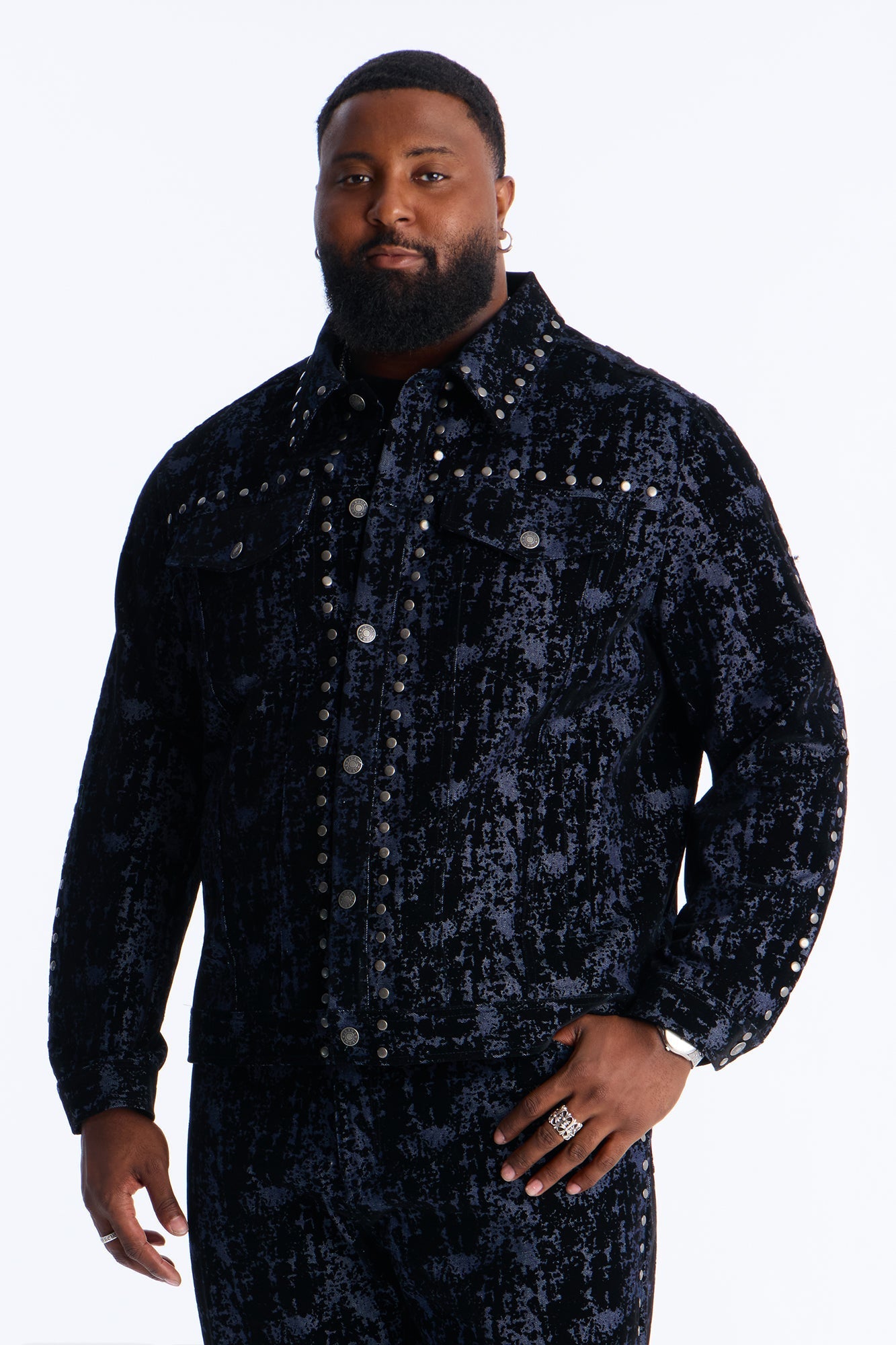 Social Stud Flocked Denim Trucker Jacket - Indigo
