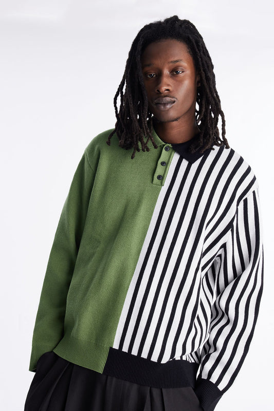 Half Striped Sweater Polo - Green