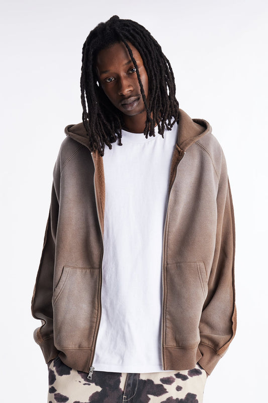 Extra Raw Faded Distressed Zip Up Hoodie - Brown