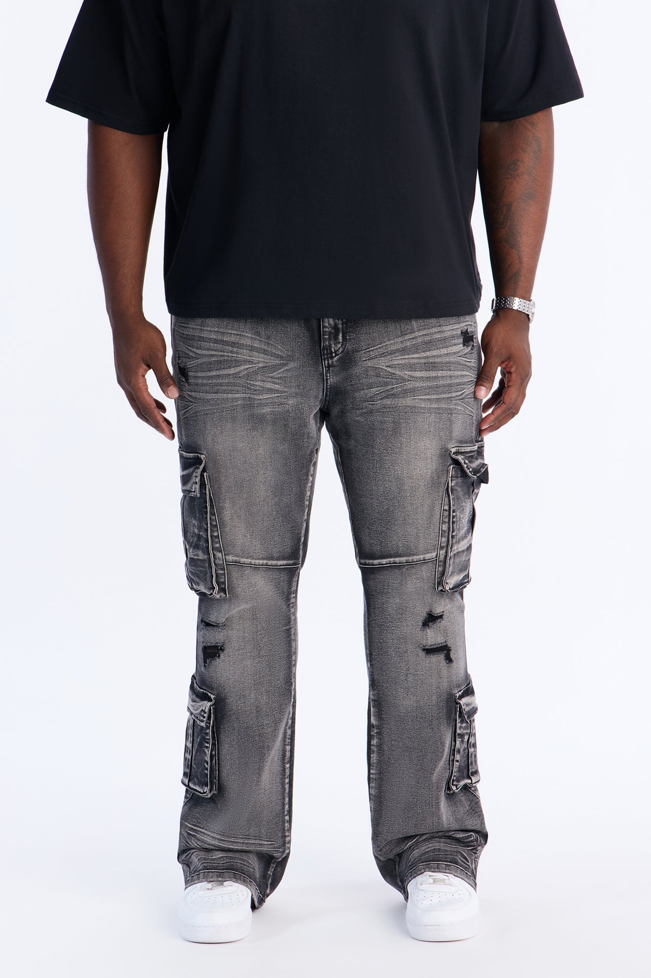 Stacked Skinny Flare Combat Cargo Jean - Black Wash