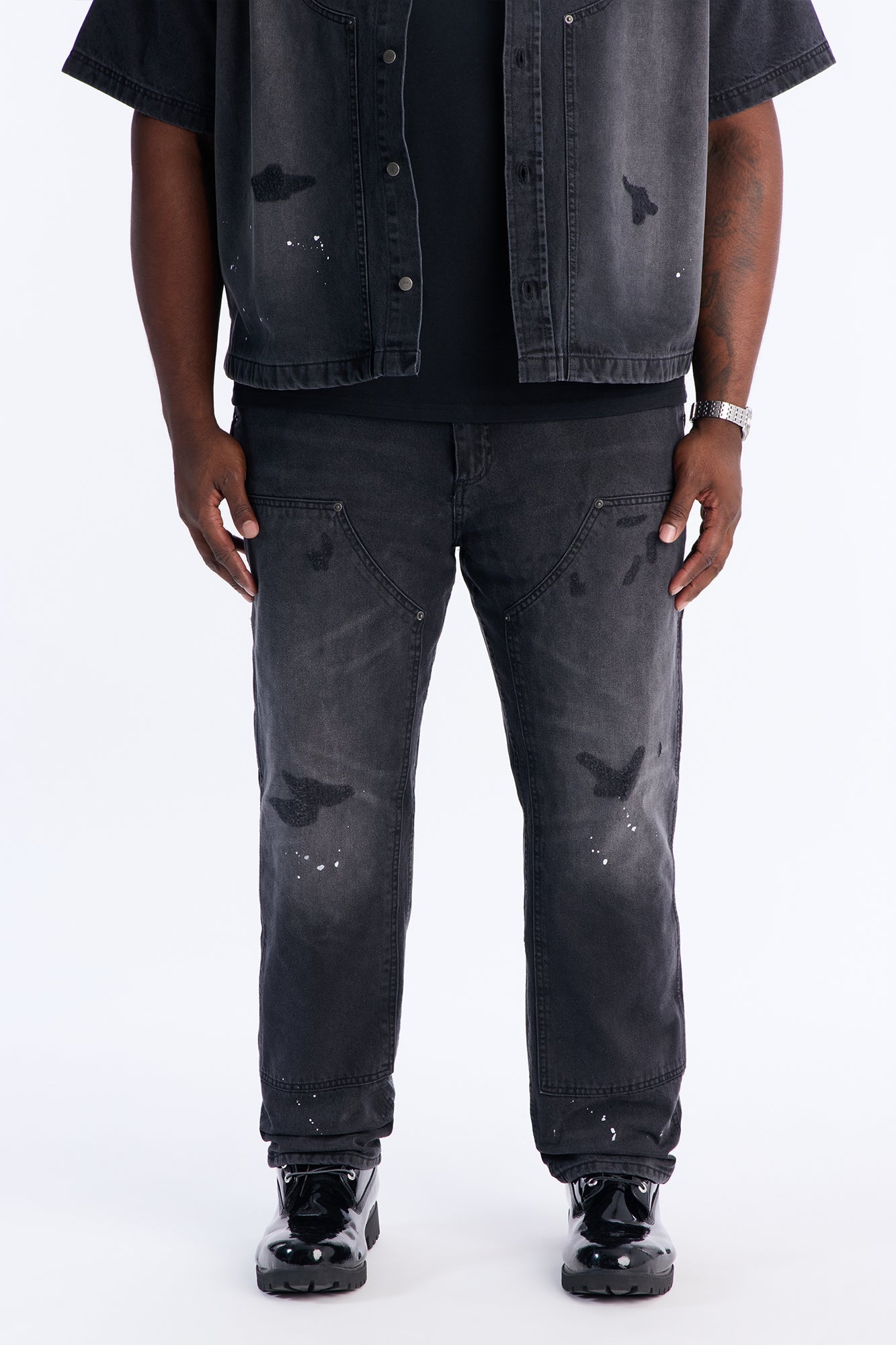 Straight Splatter Paint Distressed Carpenter Work Pant - Black Wash
