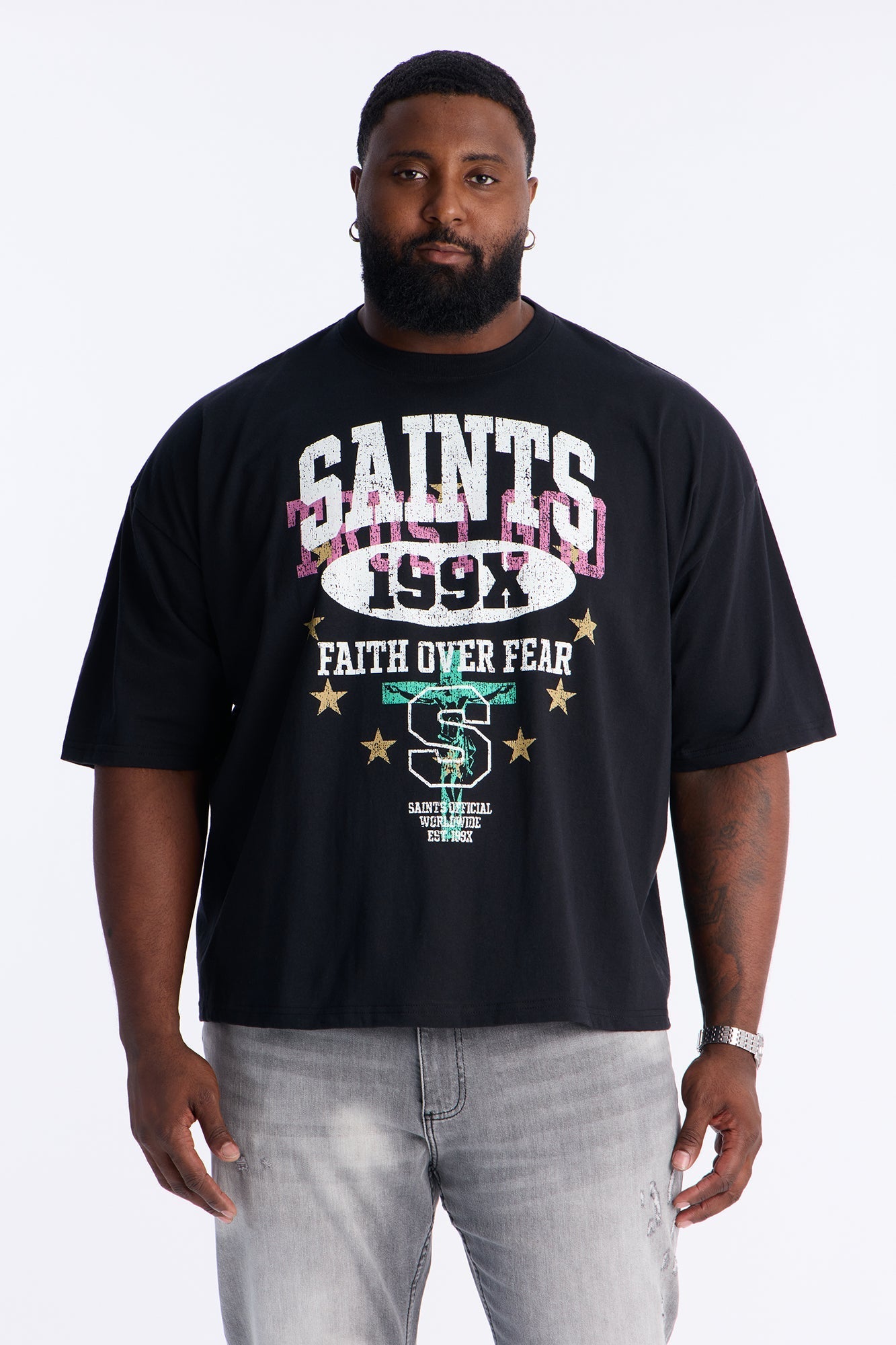 Saints Faith Over Fear Boxy Short Sleeve Tee - Black
