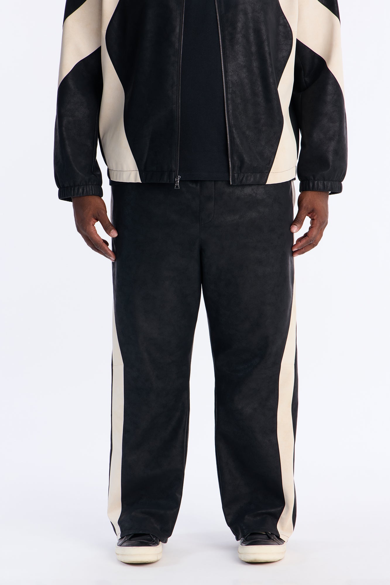 Baggy Faux Leather Maze Paneled Track Pant - Black