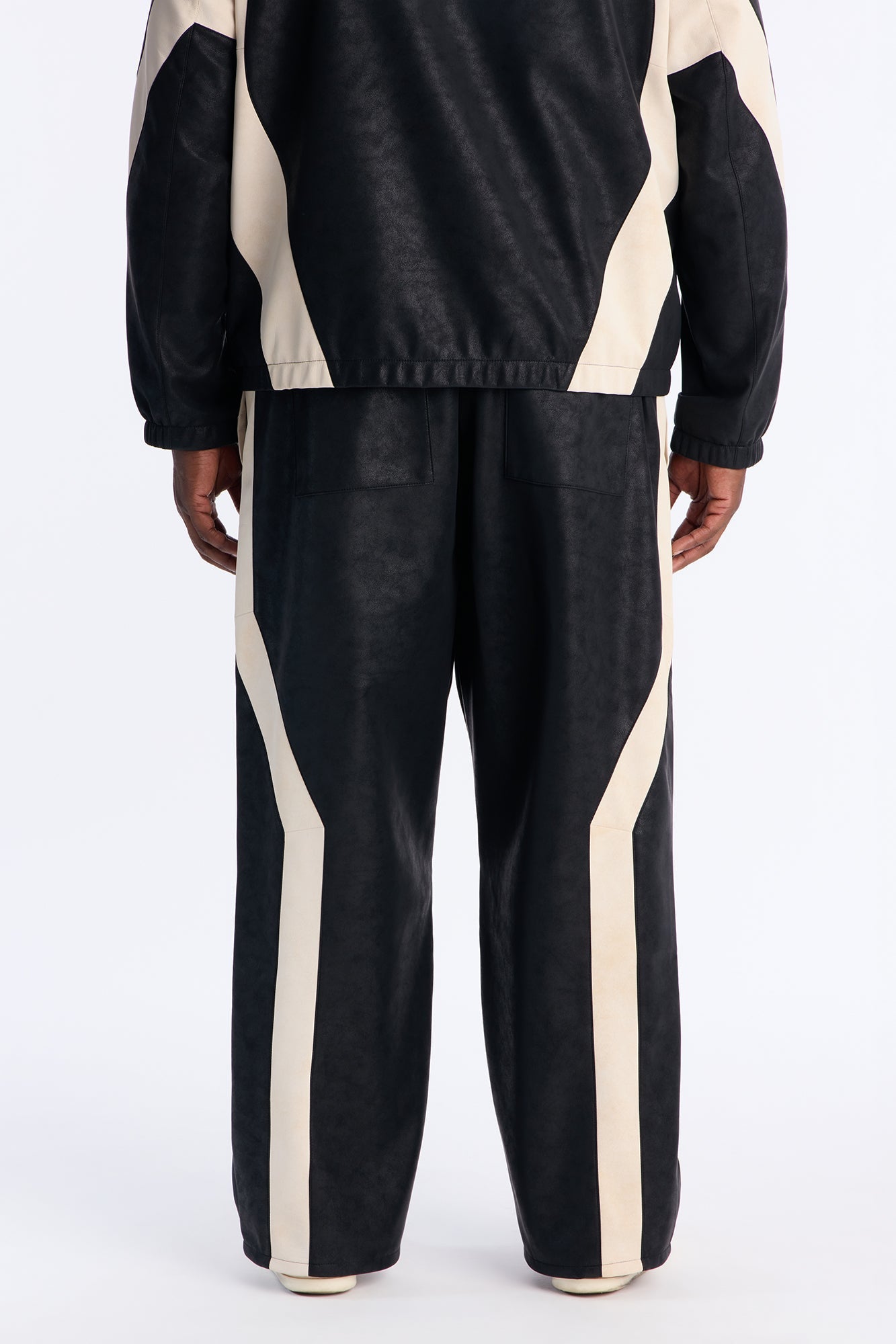 Baggy Faux Leather Maze Paneled Track Pant - Black
