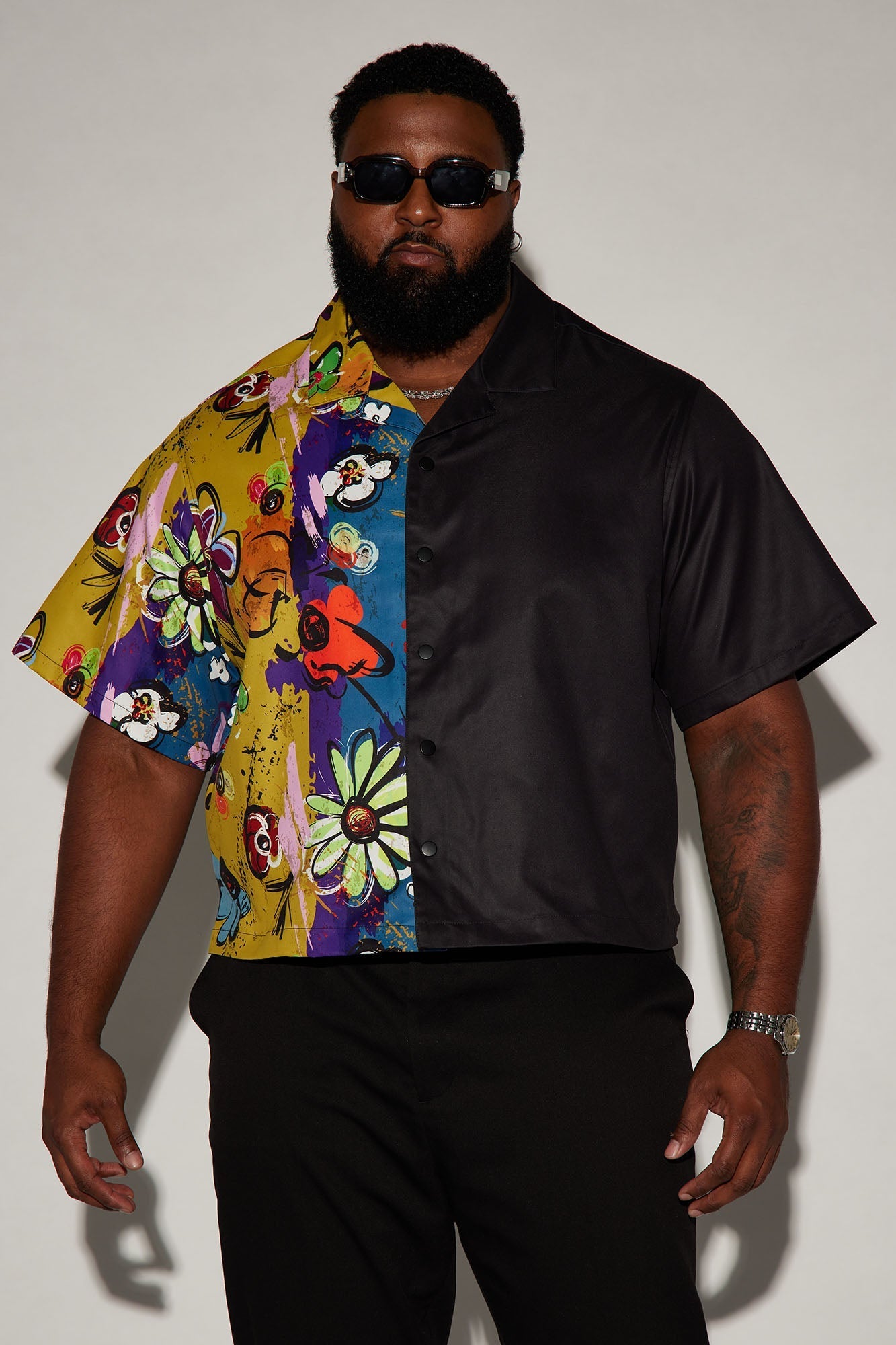 Volos Split Cropped Shirt - Navy/Multi