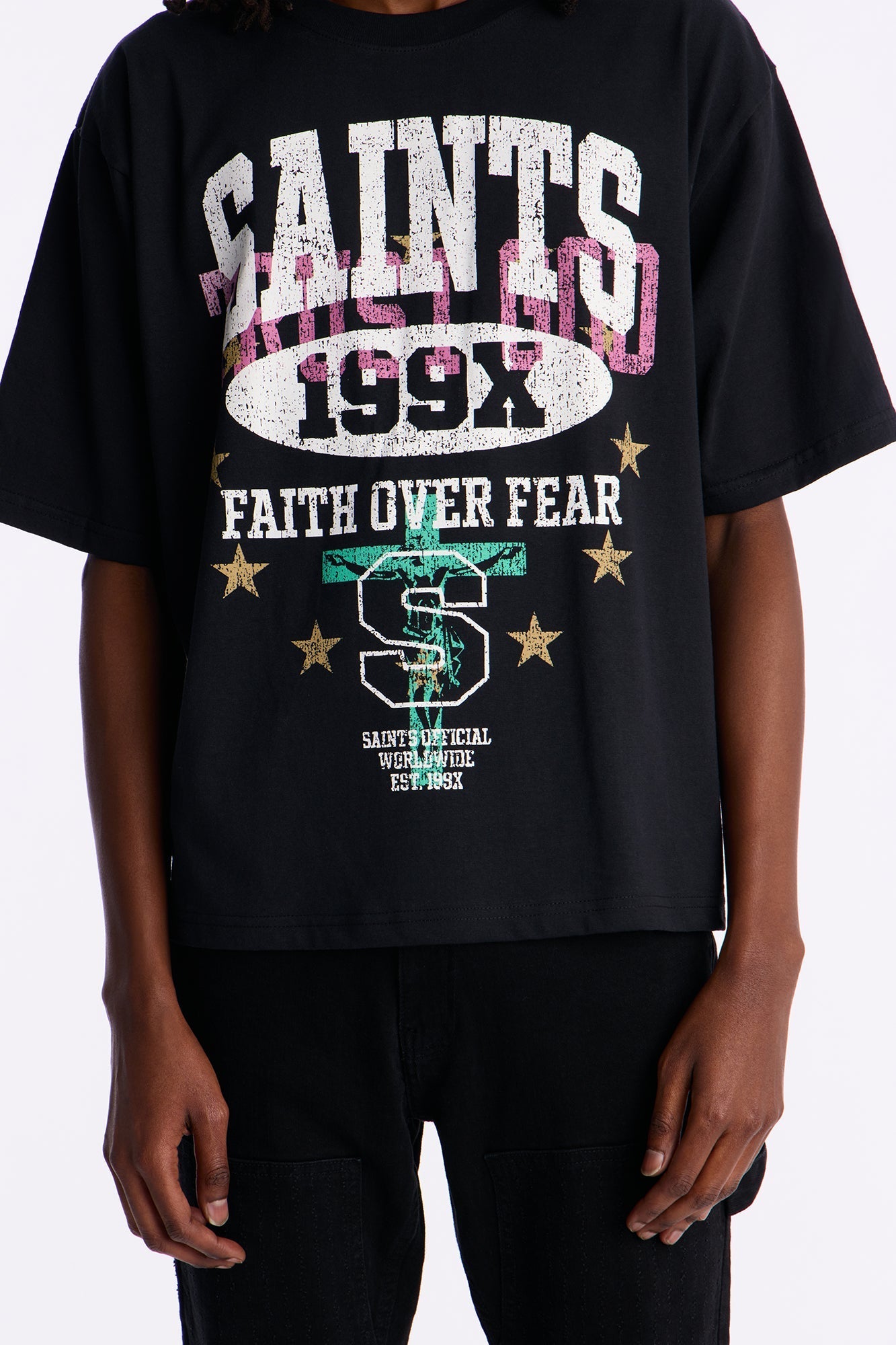 Saints Faith Over Fear Boxy Short Sleeve Tee - Black