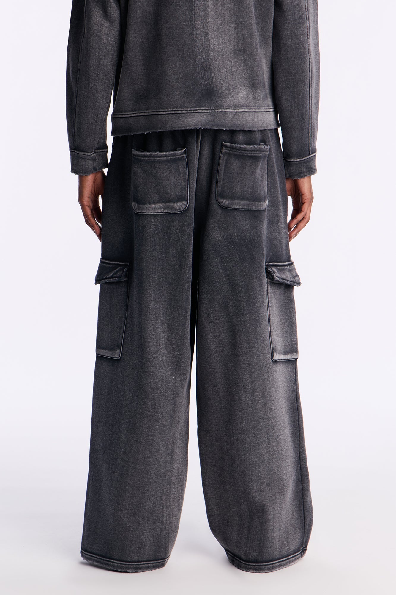 Heavy Wash Baggy Fleece Cargo Pants - Black Wash