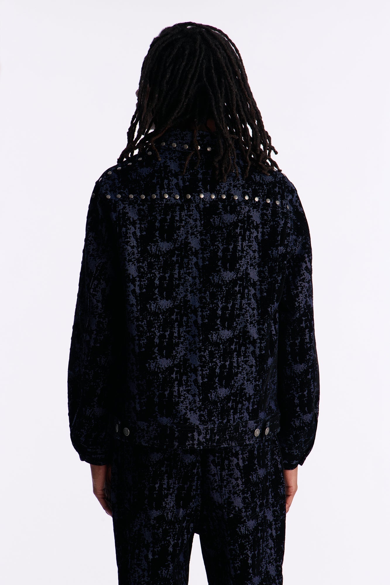 Social Stud Flocked Denim Trucker Jacket - Indigo