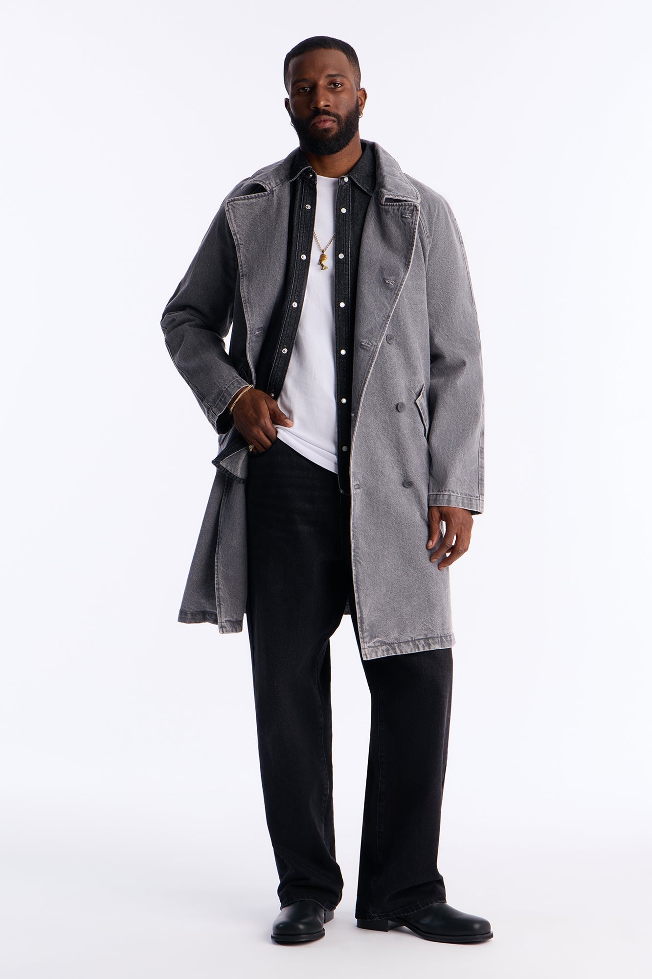 Finesse Double Breasted Denim Trench Coat - Grey