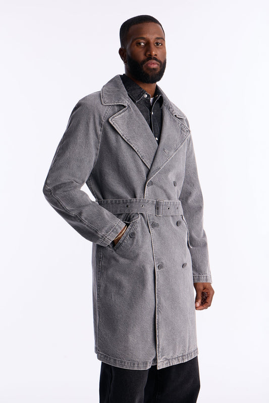 Finesse Double Breasted Denim Trench Coat - Grey