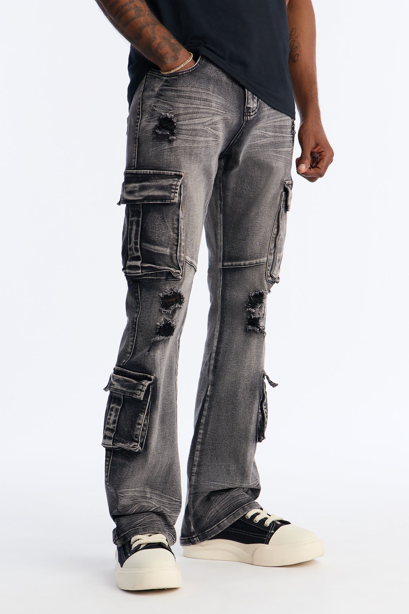 Stacked Skinny Flare Combat Cargo Jean - Black Wash
