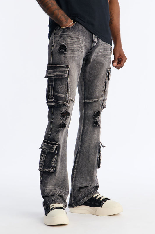 Stacked Skinny Flare Combat Cargo Jean - Black Wash