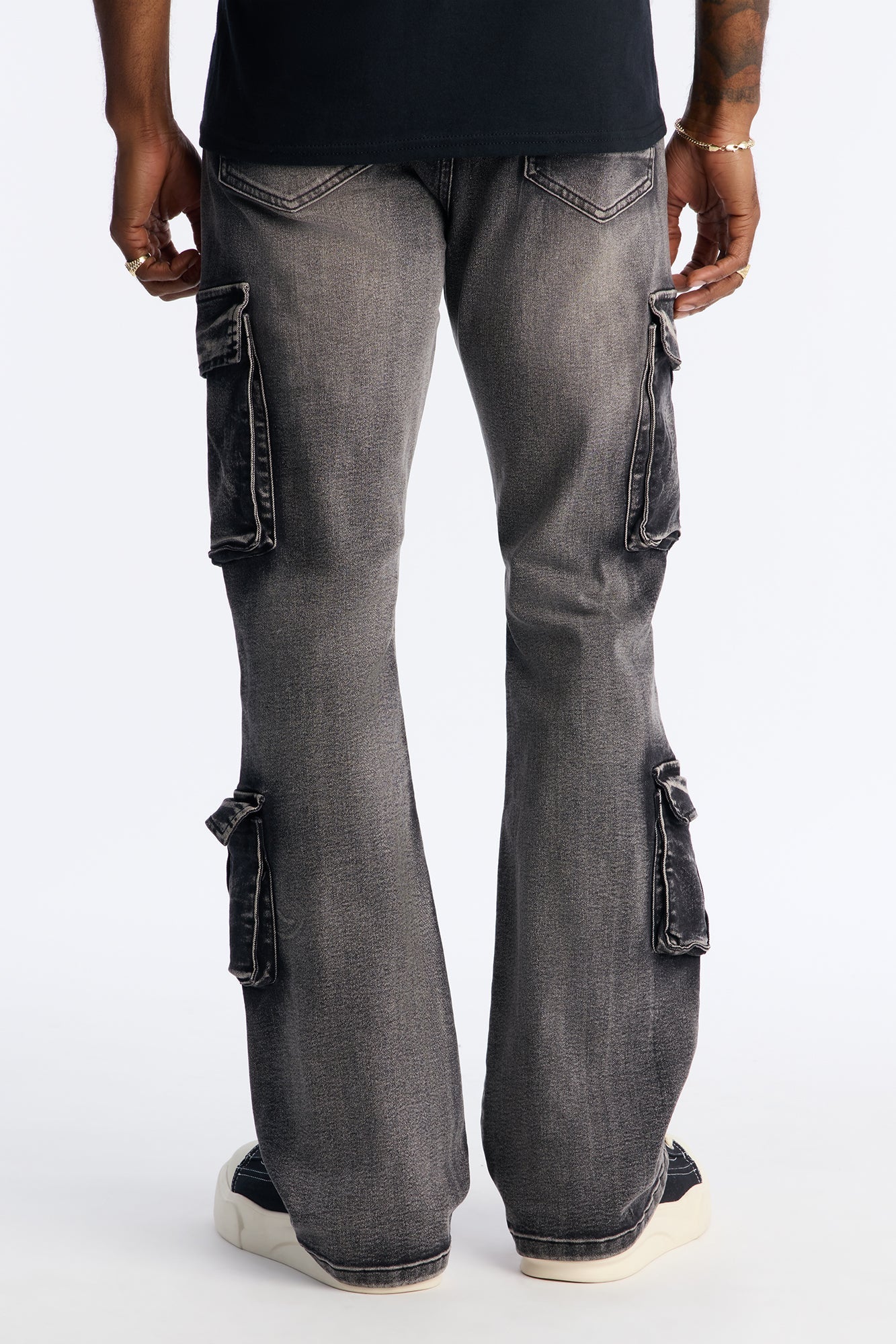 Stacked Skinny Flare Combat Cargo Jean - Black Wash