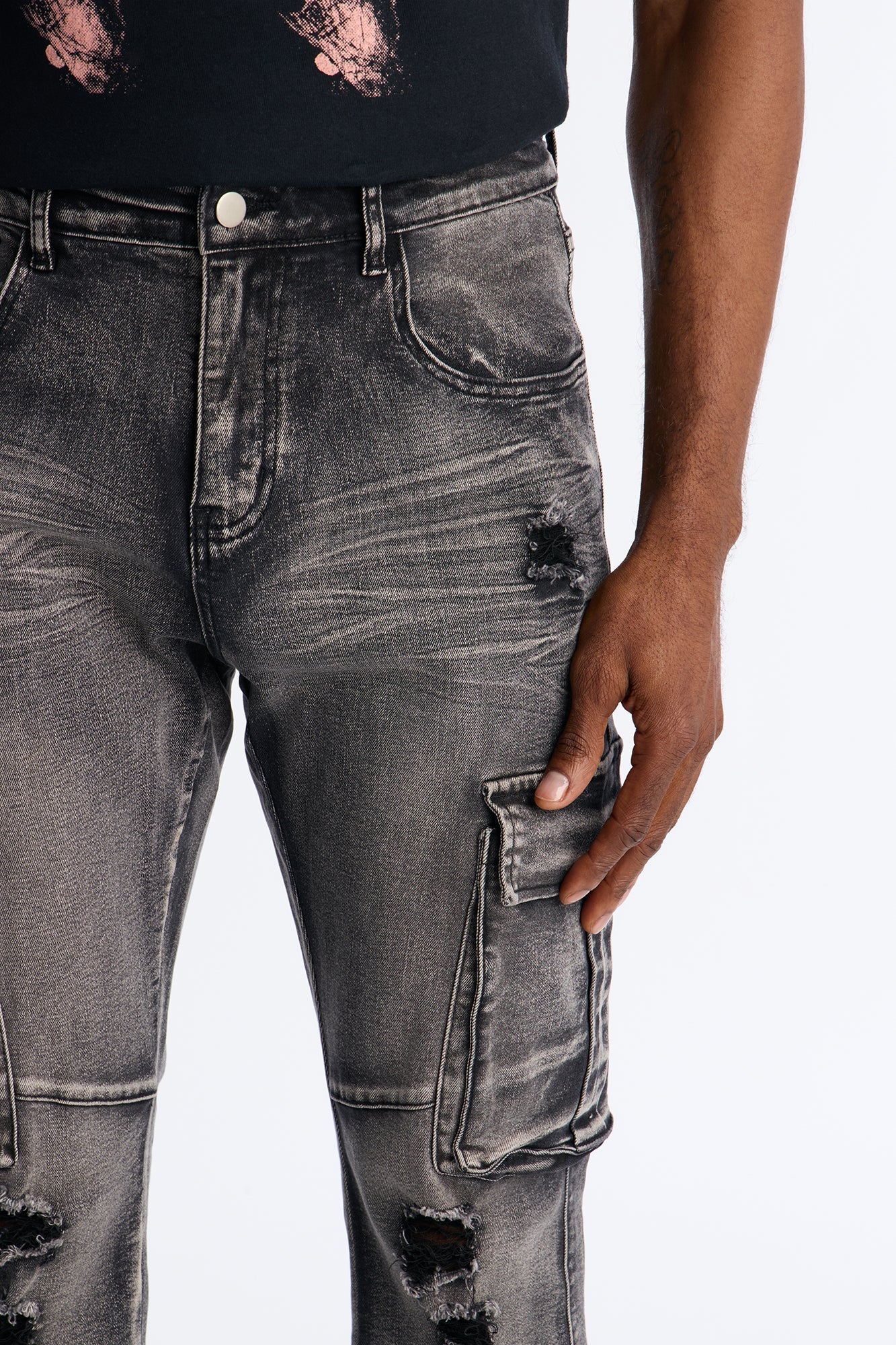 Stacked Skinny Flare Combat Cargo Jean - Black Wash