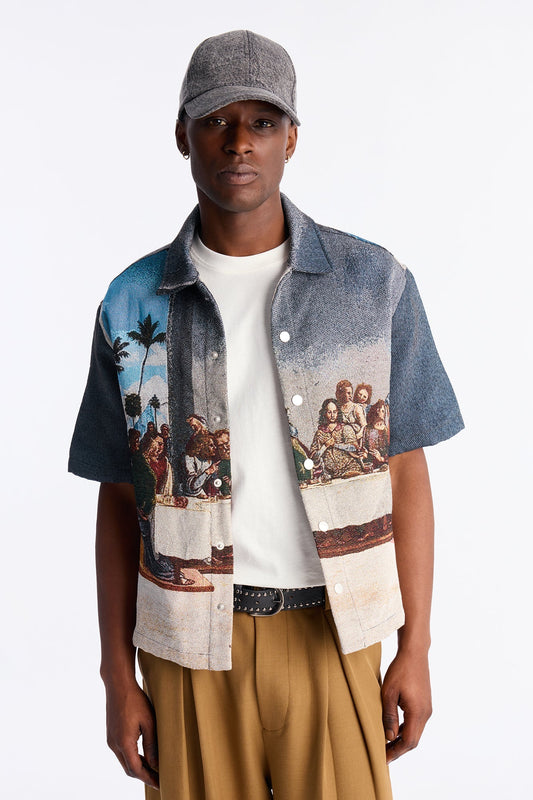 Cropped Relaxed Palm Vinci Button Up Shirt - Multi Color