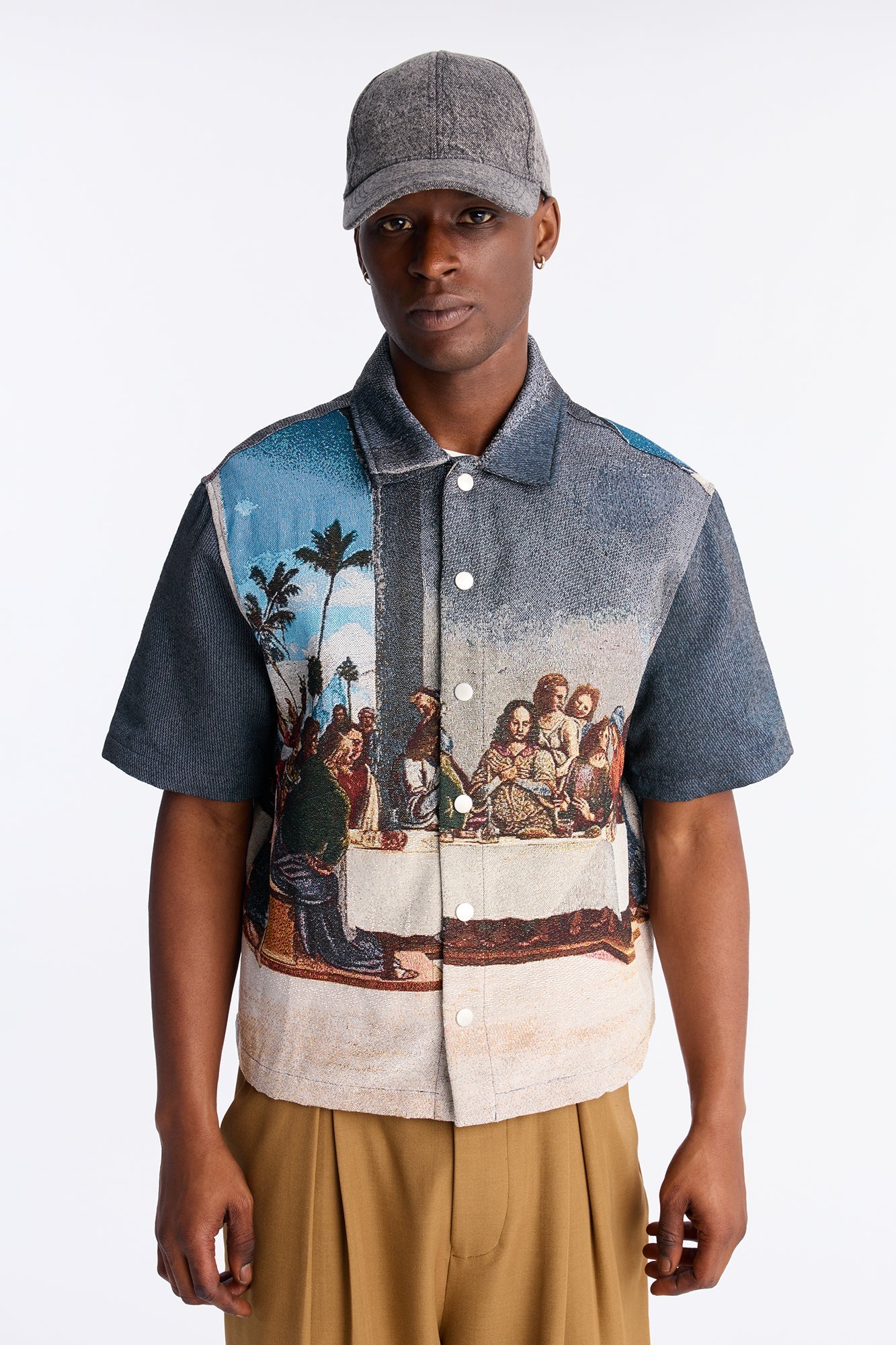 Cropped Relaxed Palm Vinci Button Up Shirt - Multi Color