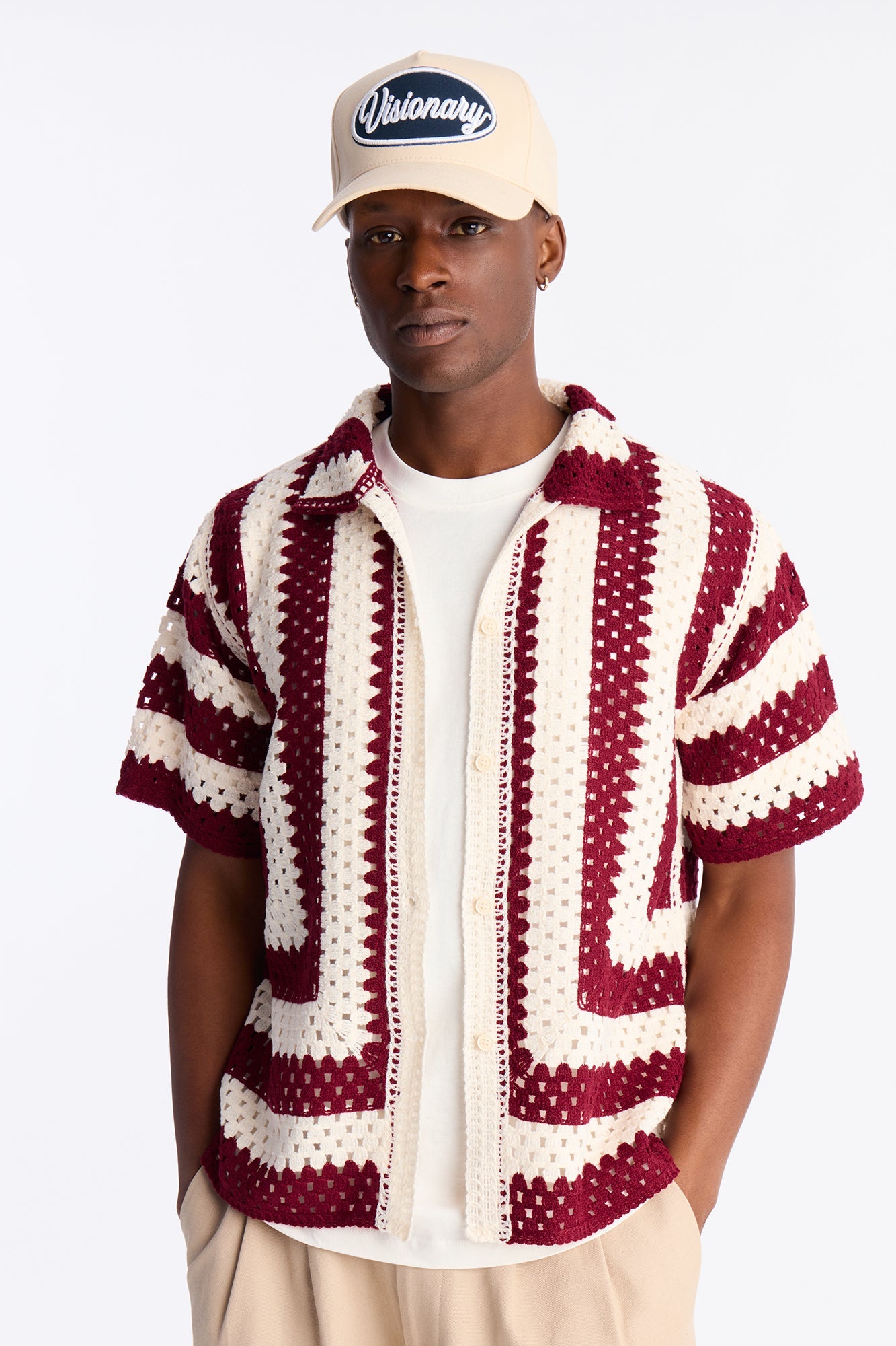 Left Turns Crochet Button Up Shirt - Burgundy