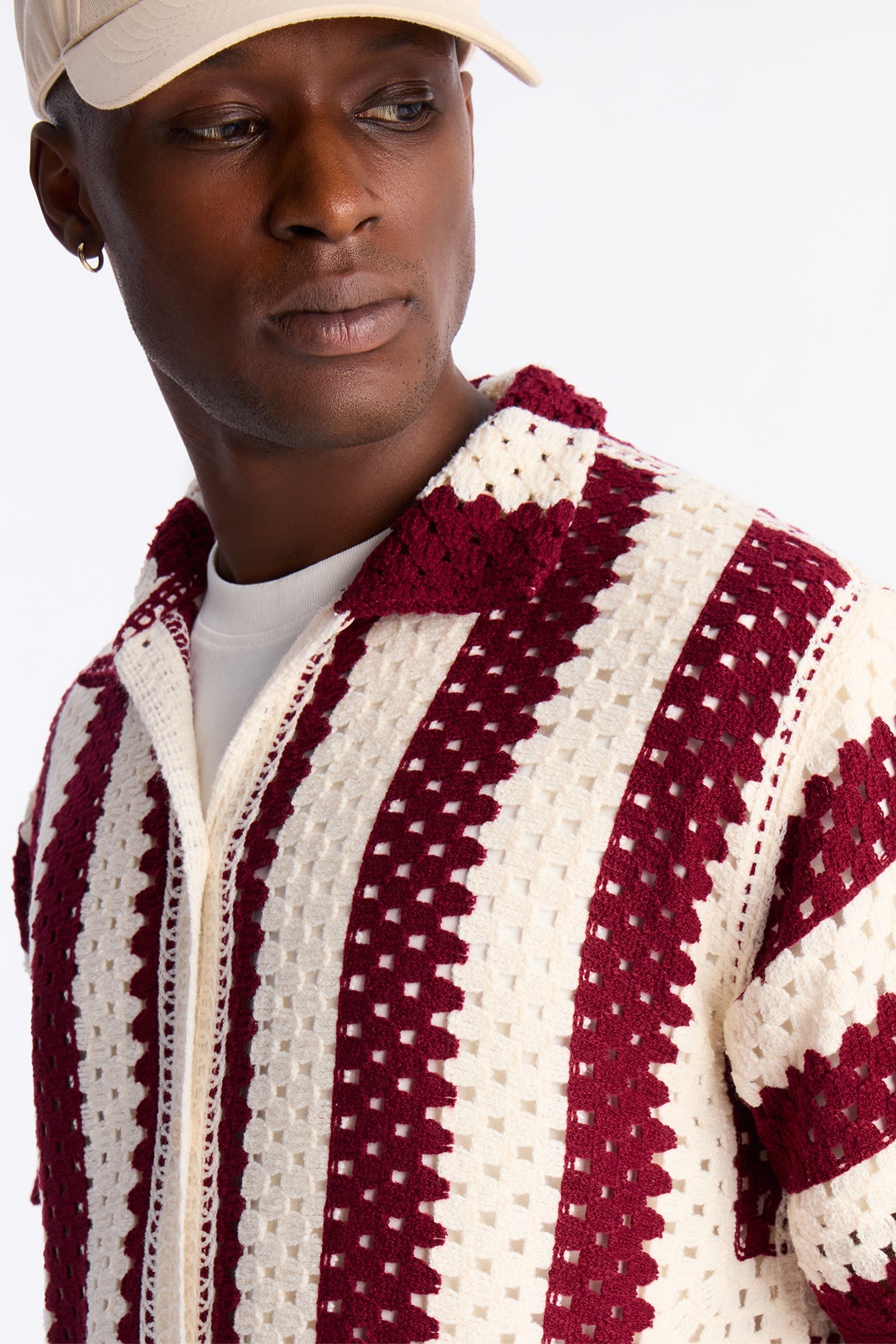 Left Turns Crochet Button Up Shirt - Burgundy