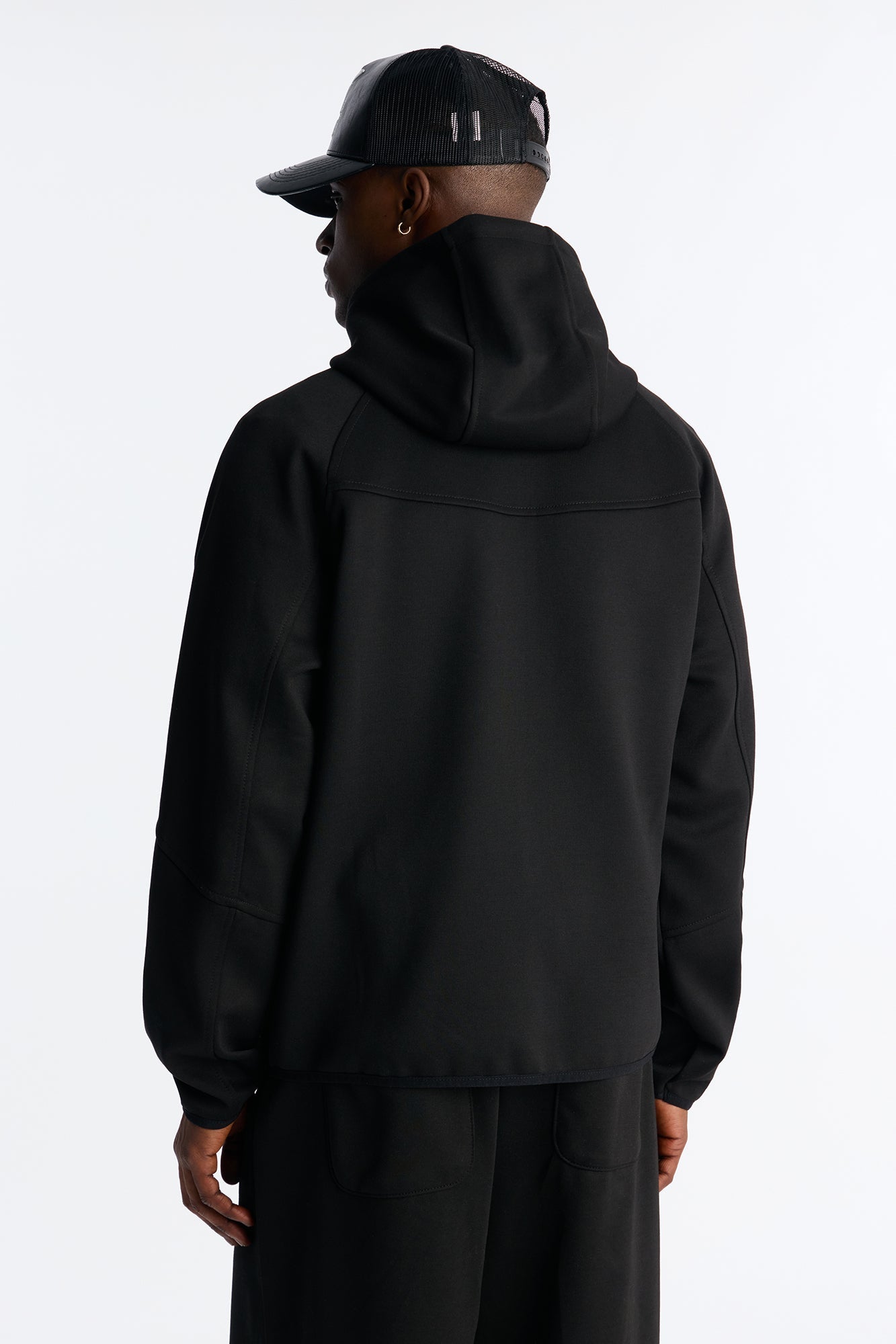 Structured Paneled Fleece Zip Up Hoodie  - Black