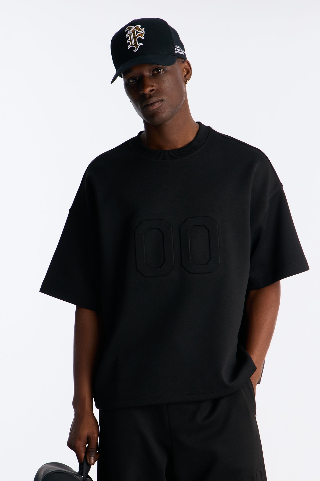 Structured Fleece Embossed Number Tee - Black