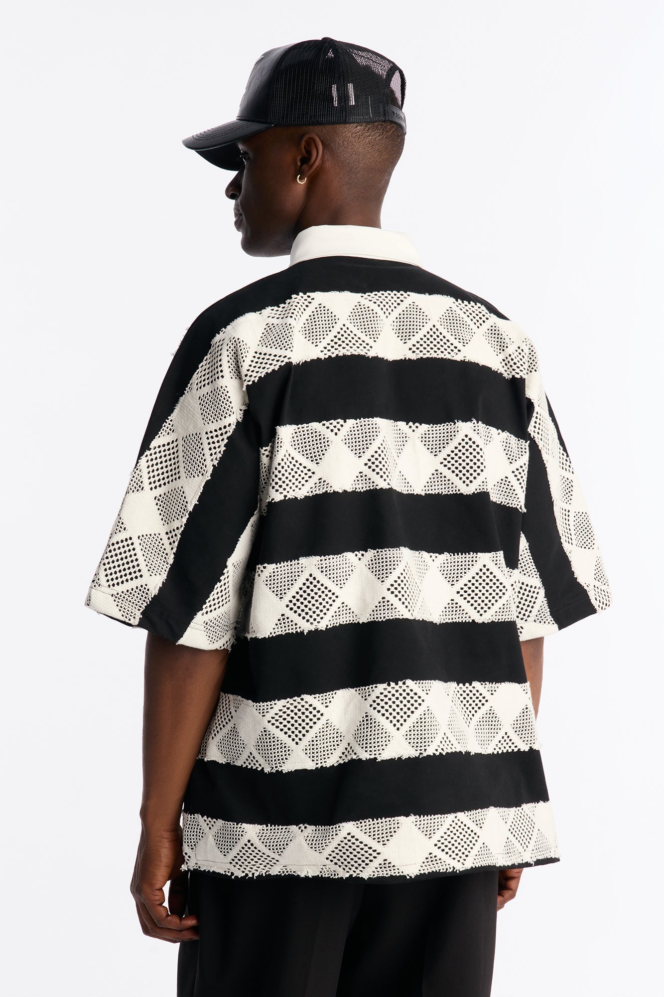 Oversized Offshore Reef Crochet Polo Shirt - Black/White