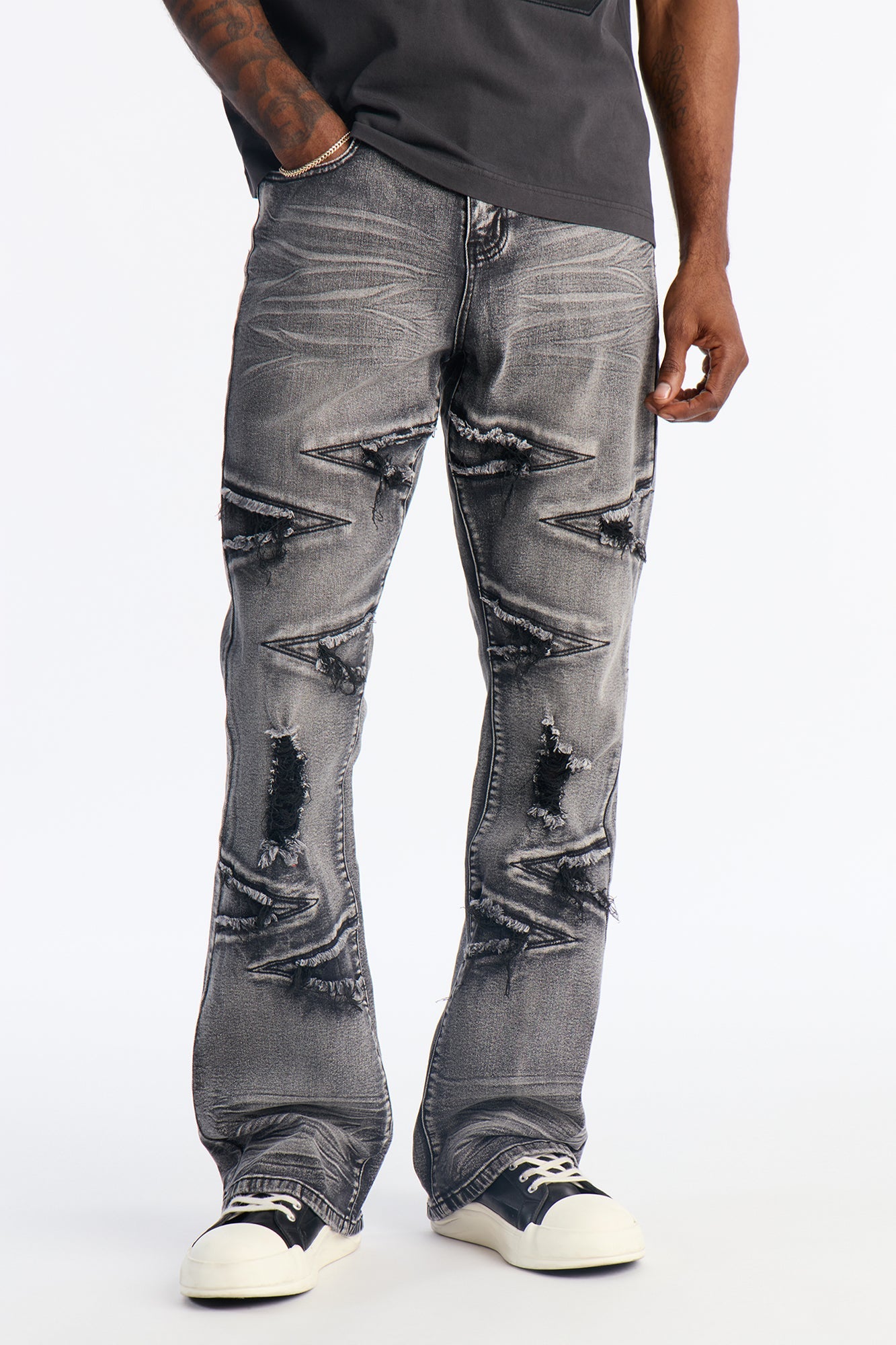 Stacked Skinny Flare Triangle Fray Jeans - Black Wash