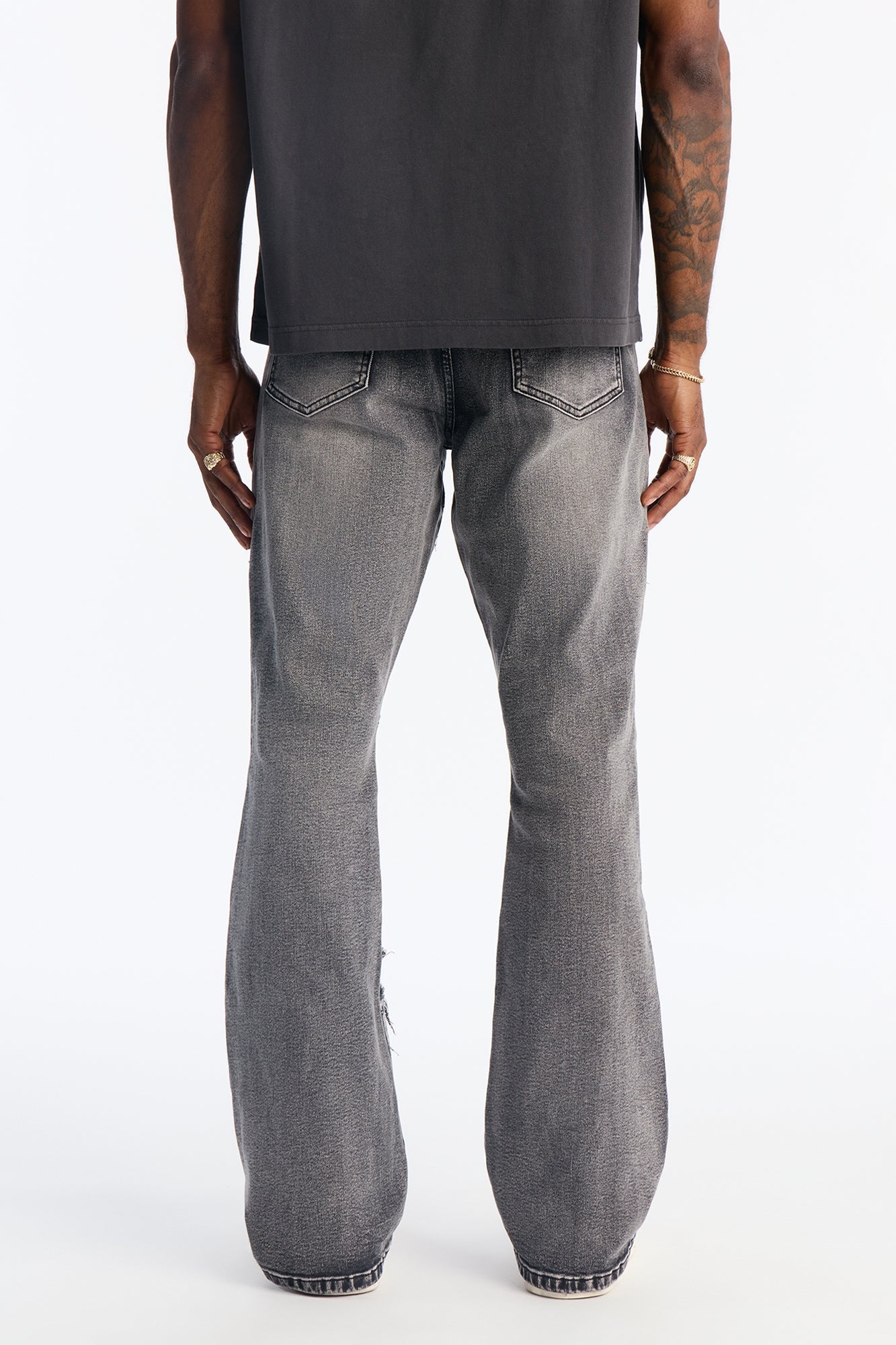 Stacked Skinny Flare Triangle Fray Jeans - Black Wash