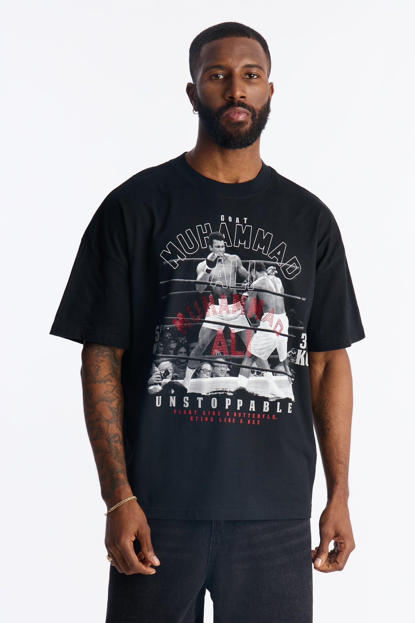 Boxy Muhammad Ali Rhinestone Short Sleeve Tee - Black