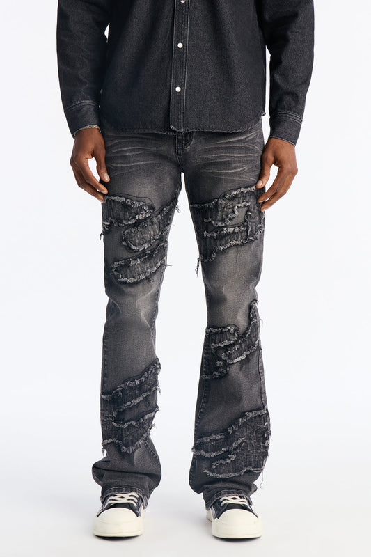 Stacked Slim Flare Fray Waves Jeans - Black Wash