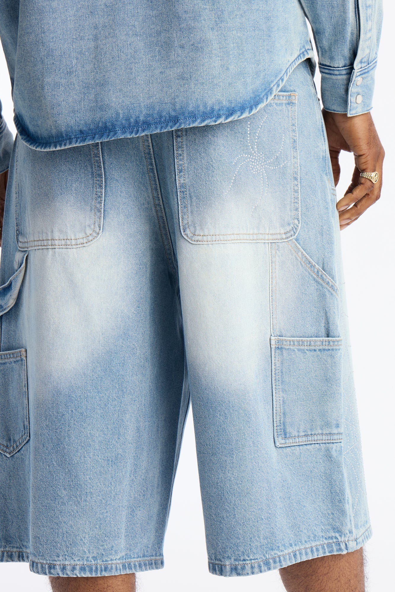 Baggy Jeweled Web Carpenter Denim Short - Light Wash